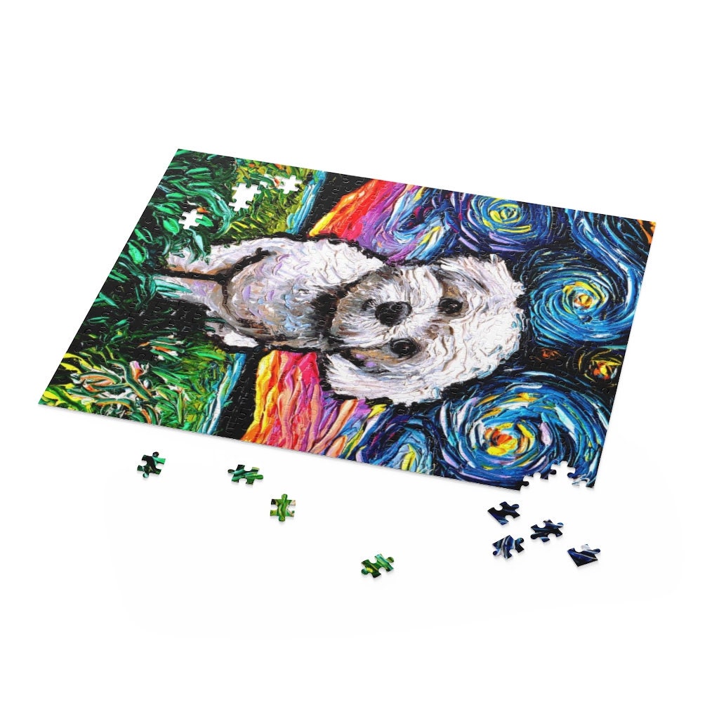 Premium Puzzle Maltipoo Maltese Poodle Starry Night Dog 252 Or 500 Piece Puzzles in Gift Box Art By Aja Rainy Day Activity Free US Shipping