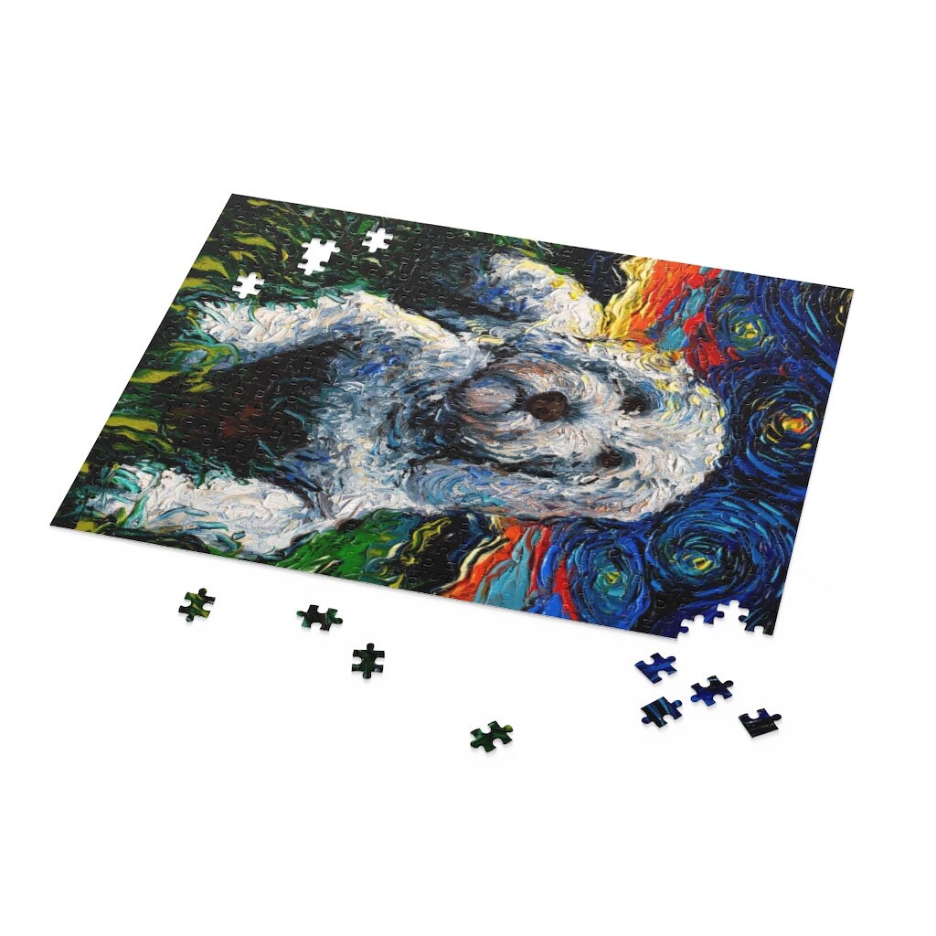 Premium Puzzle White Goldendoodle Starry Night Dog 252 Or 500 Piece Puzzles in Gift Tin Art By Aja Rainy Day Activity Free US Shipping