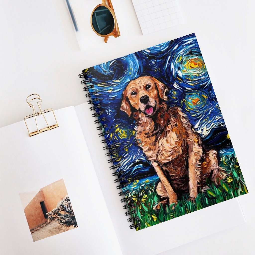 Spiral Notebook Ruled Line Dark Coated Golden Retriever Starry Night Dog 8x6x.6 inch Journal Stationary Art by Aja Free US Shipping