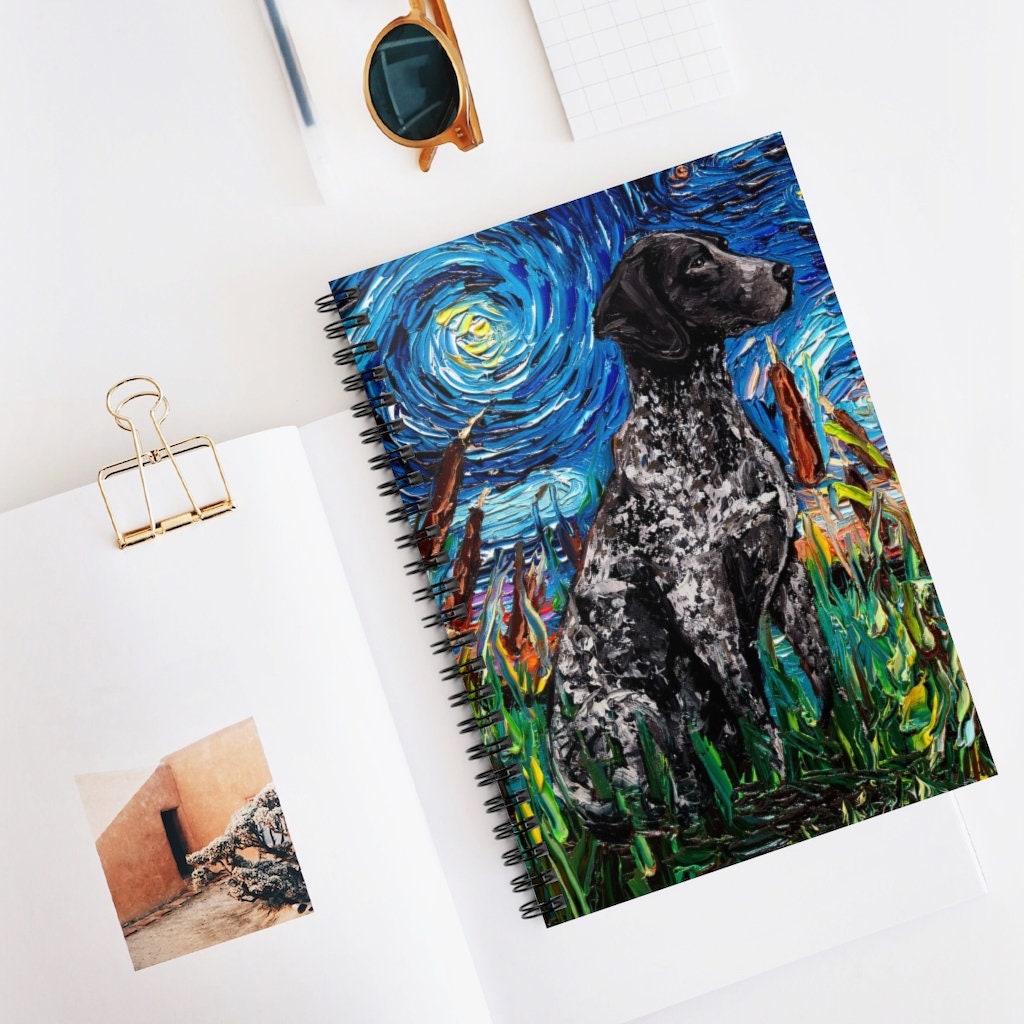 Spiral Notebook Ruled Line Black German Short Hair Pointer Munsterlander Dog 8x6x.6 inch Journal Stationary Art by Aja Free US Shipping
