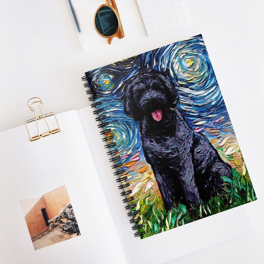Spiral Notebook Ruled Line Black Goldendoodle Labradoodle Starry Night Dog 8x6x.6 inch Journal Stationary Art by Aja Free US Shipping