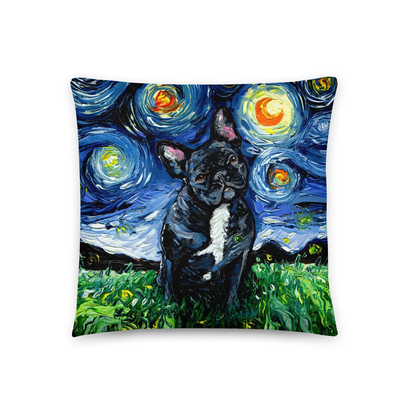 Black and White French Bulldog Dog Lover Starry Night Basic Throw Pillow Art by Aja 16x16 or 20x20 inches stuffed