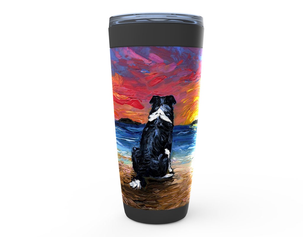 Beach Days Border Collie Dog Viking Tumbler Insulated Stainless Steel Drinkware Art By Aja Travel Mug Ocean Sunset Sea Artwork