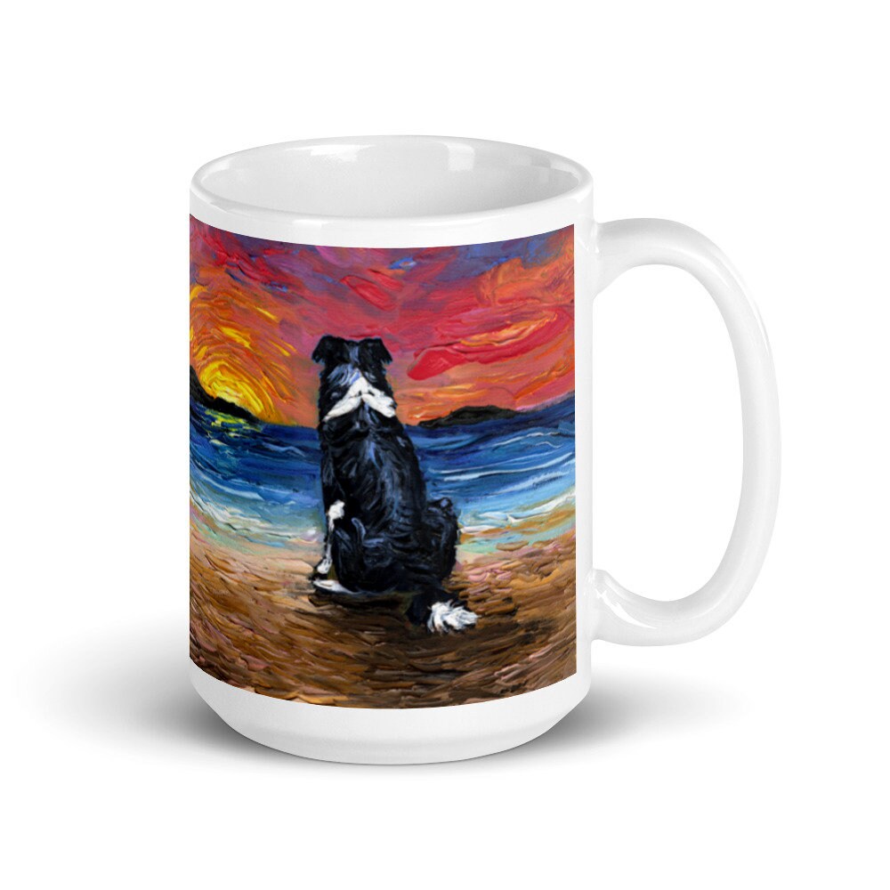 Beach Days Border Collie Coffee Mug Dog Lover Ocean Coastal Sunset Art by Aja colorful ceramic cup Drinkware microwave and dishwasher safe