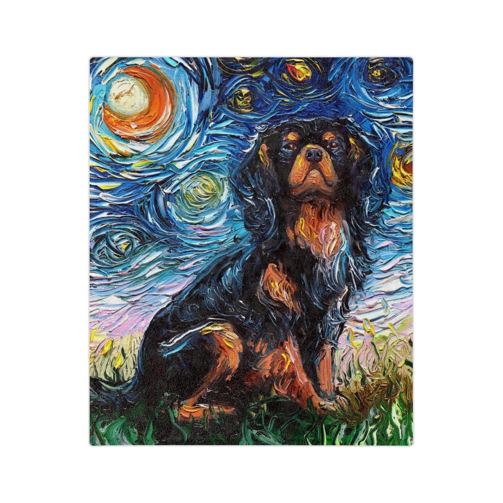Velveteen Minky Blanket Black and Tan Cavalier King Charles Spaniel Starry Night Dog Throw