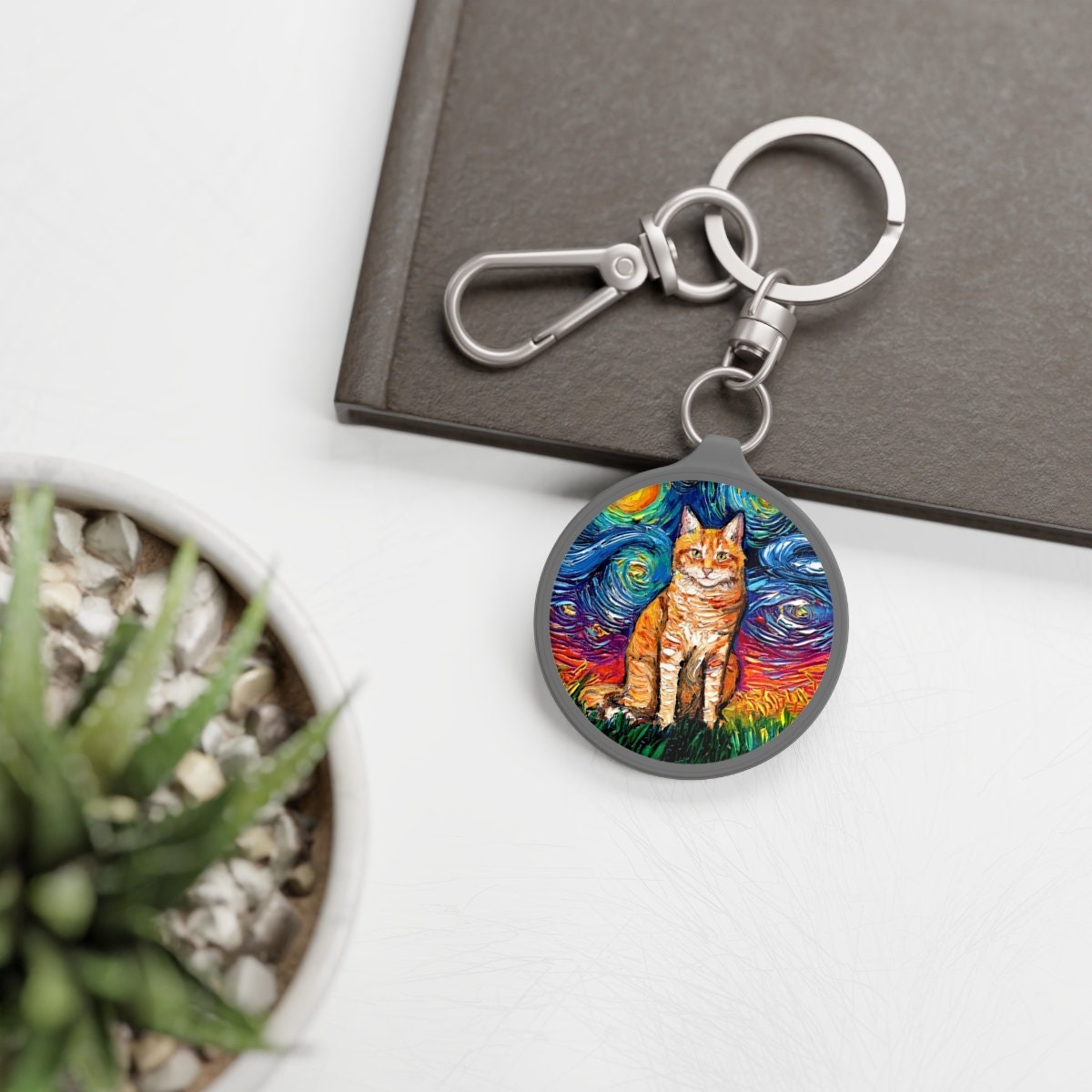 Keychain - Seated Orange Tabby Cat Starry Night Key Chain Key ring tag, School Bag Tag Tiger Cat Charm Art by Aja