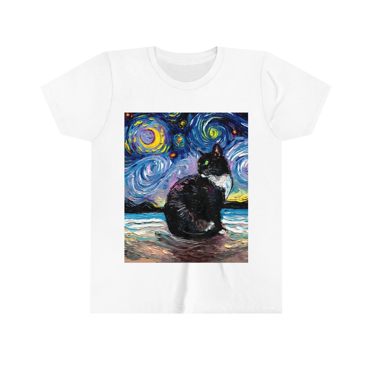Kids Short Sleeve Shirt Tuxedo Cat with Green Eyes Youth Tee Starry Night Childs TShirt Cat Art Clothing Colorful Pet Children's Apparel