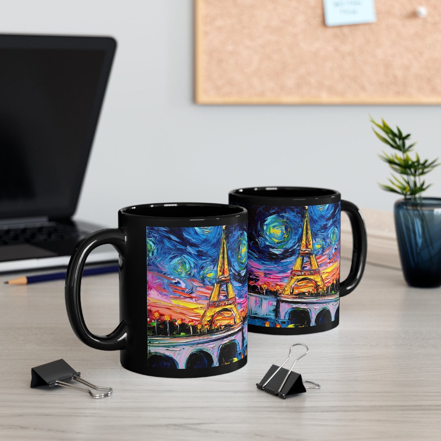 11oz Black Mug Eiffel Tower Starry Night Paris France Ceramic Coffee Cup Art by Aja Drinkware Kitchen Home