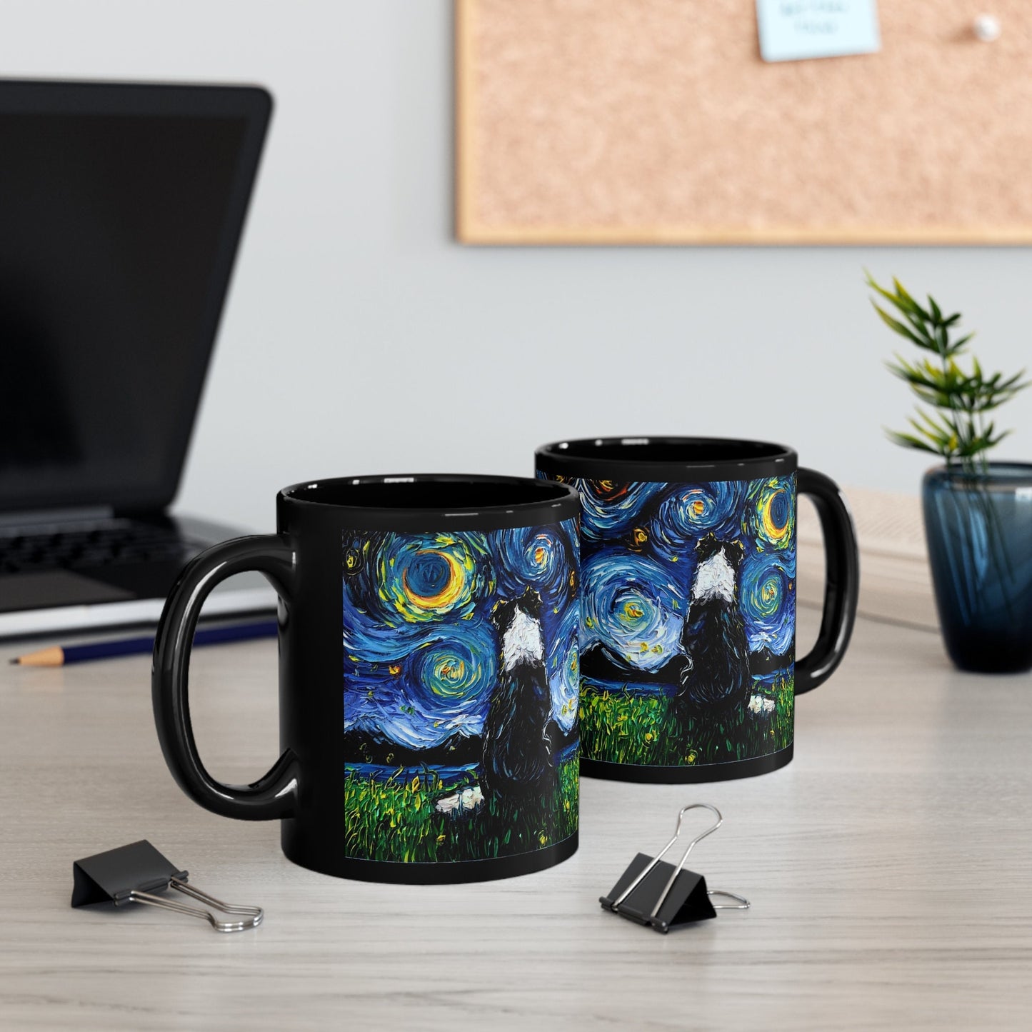 11oz Black Mug Border Collie Back Starry Night Dog Ceramic Coffee Cup Art by Aja Drinkware Kitchen Home