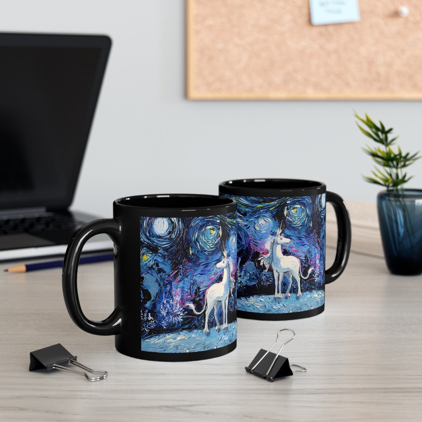 11oz Black Mug Unicorn Artwork Starry Night Fantasy Ceramic Coffee Cup Art by Aja Drinkware Kitchen Home