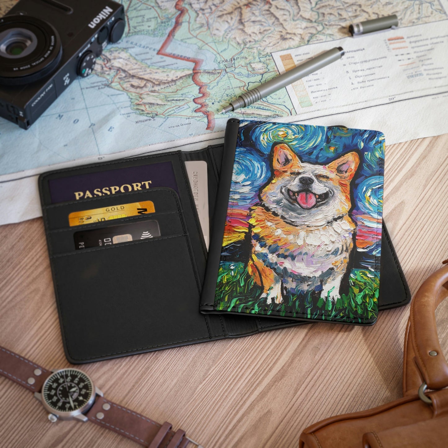 Passport Cover Smiling Corgi Starry Night Dog