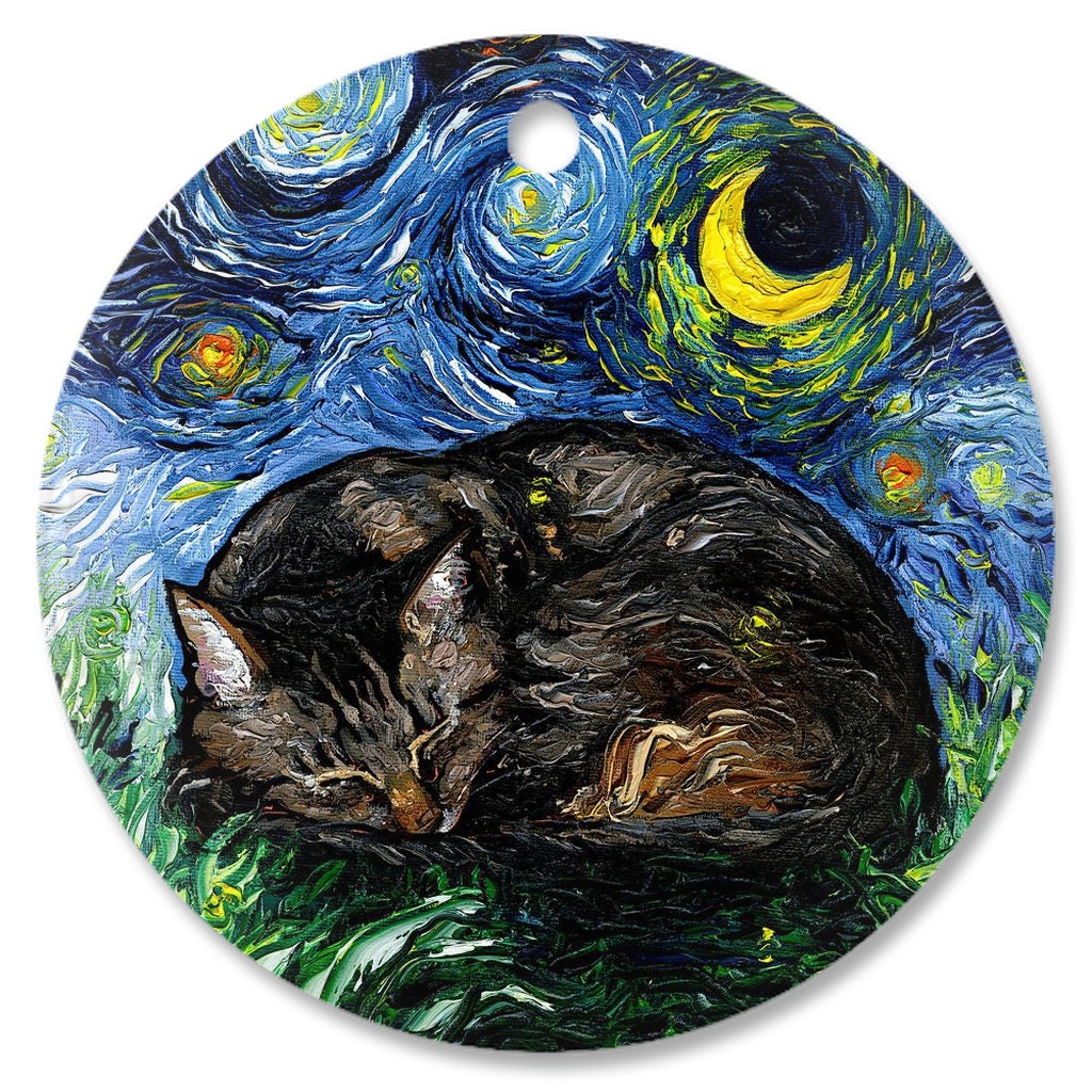 Sleeping Brown Tabby Cat Starry Night Ornament Printed On Both Sides Ceramic Heirloom Pet Memorial Gift