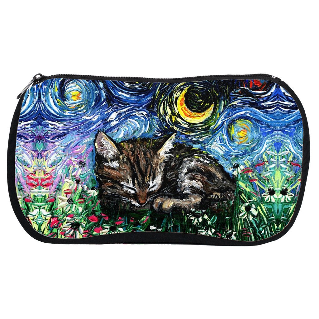 Cosmetic Bag Sleeping Tabby Kitten Starry Night Neoprene Rubber Colorful Kitty Makeup Pouch Travel Bag Art By Aja