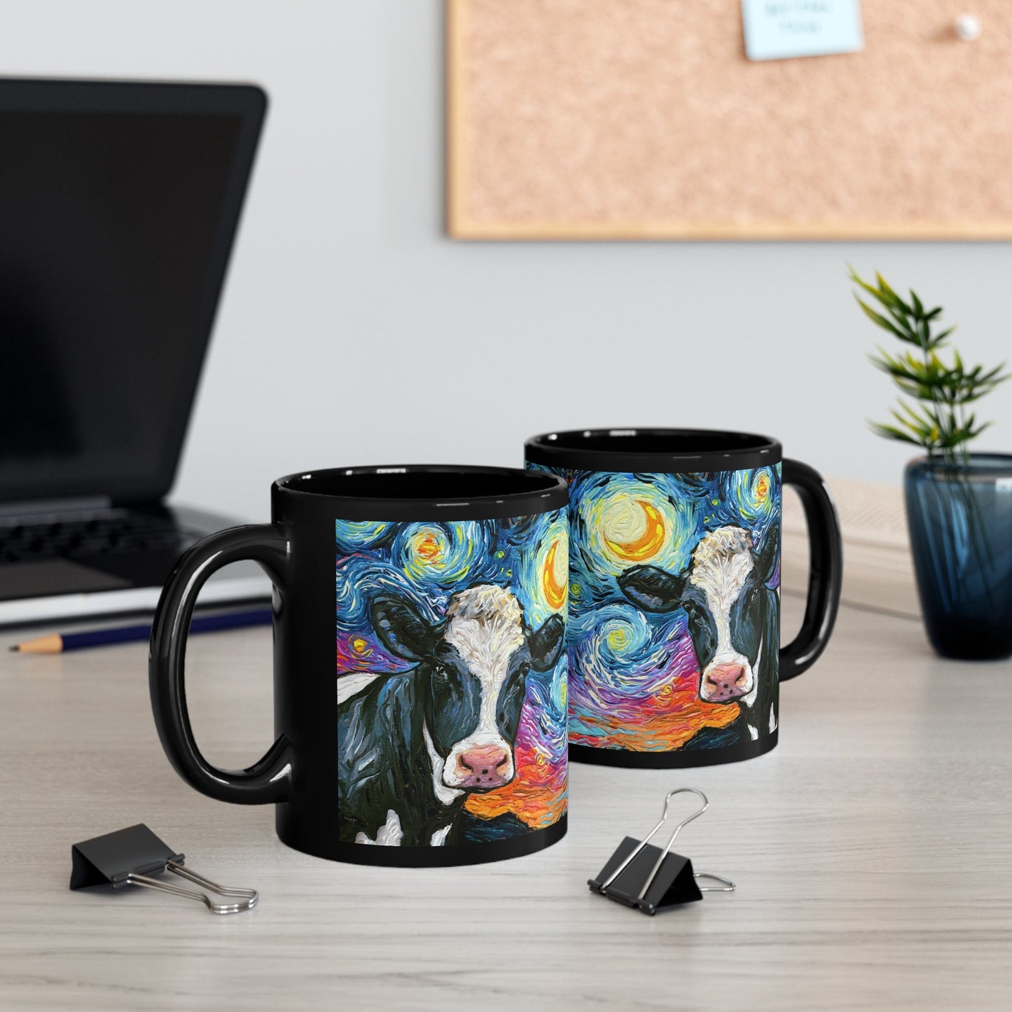 11oz Black Mug Holstein Black and White Cow Farm Animal Starry Night Ceramic Coffee Cup Art by Aja Drinkware Kitchen Home