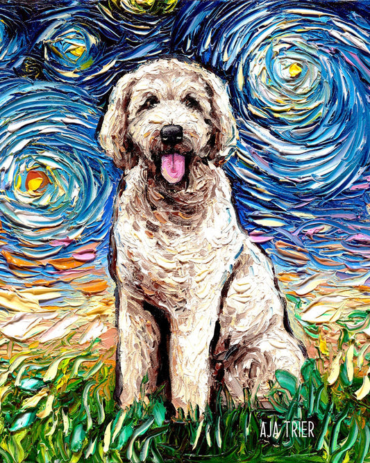 Cream Goldendoodle Starry Night dog CANVAS print Art by Aja Ready to Hang wall decor home artwork display animal pet doodle