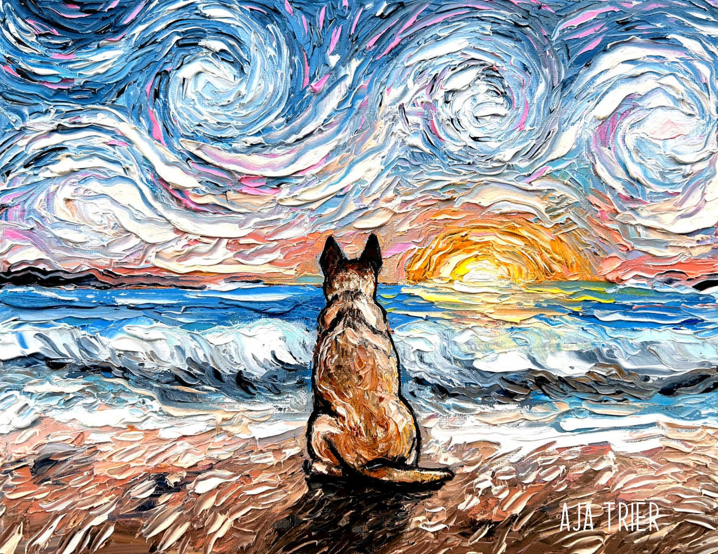 Beach Days Red Heeler Starry Night Coastal Ocean Artwork Australian Cattle Dog Art CANVAS print by Aja choose your size