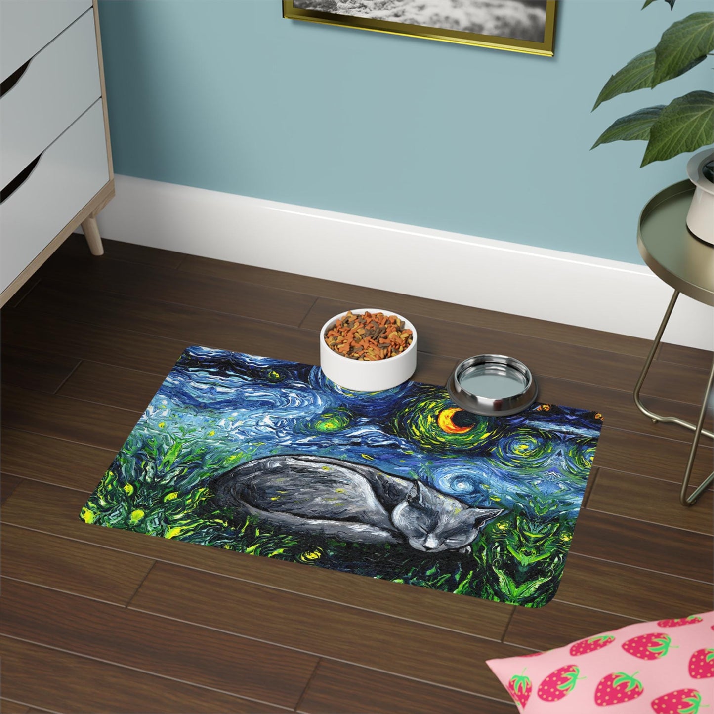 Starry Night Russian Blue Cat Pet Food Mat Unique Cat Feeding Mat Pet Accessory for Cat Lovers Decorative Pet Dish Mat Gift for Pet Owners