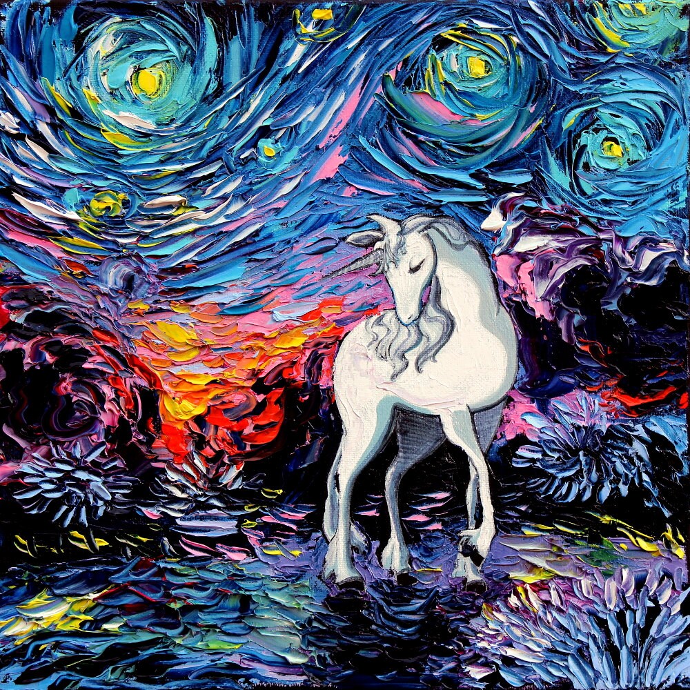 3 print set Last Unicorn Art Starry Night by Aja 8x8 10x10 12x12 20x20 and 24x24 inches choose your size
