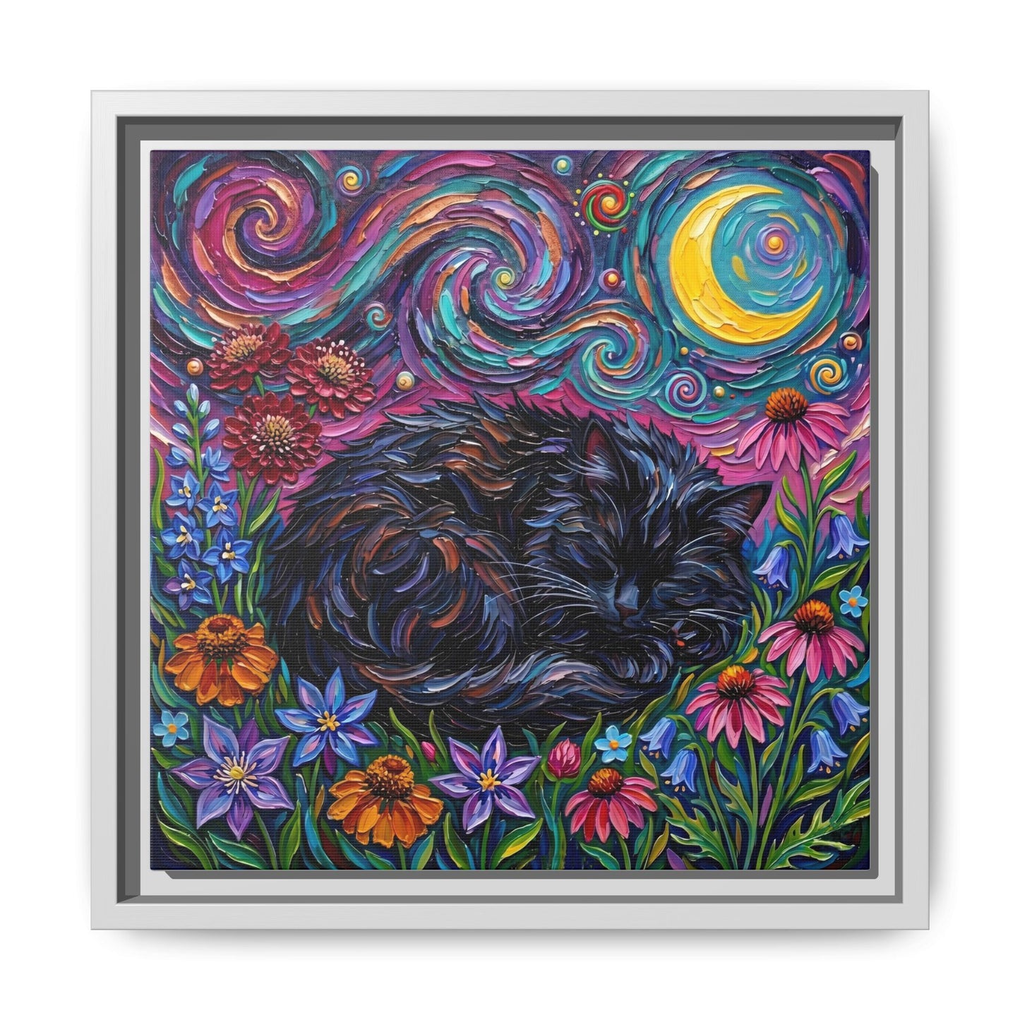 "Amongst The Flowers - Black Cat" Framed Canvas Wall Art