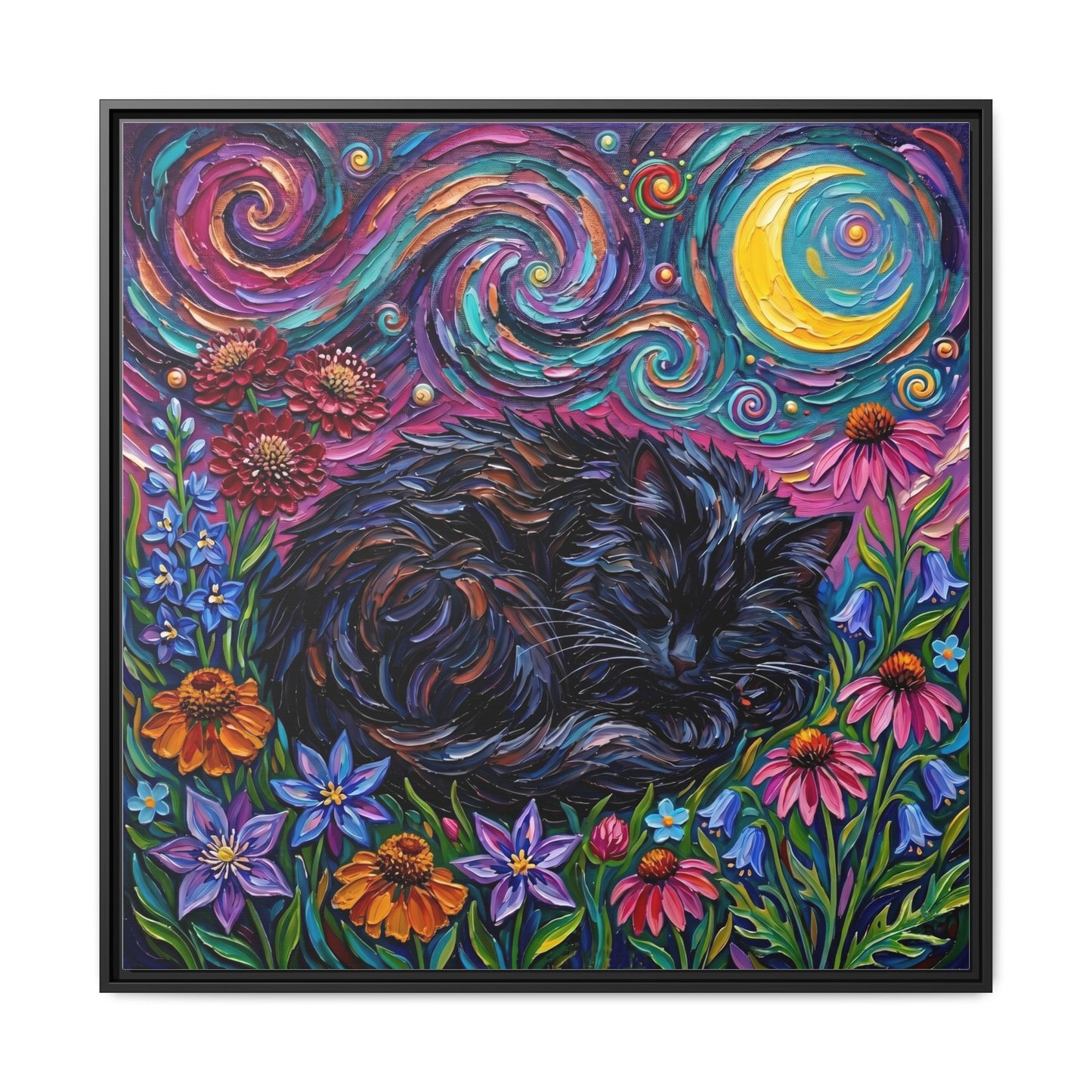 "Amongst The Flowers - Black Cat" Framed Canvas Wall Art