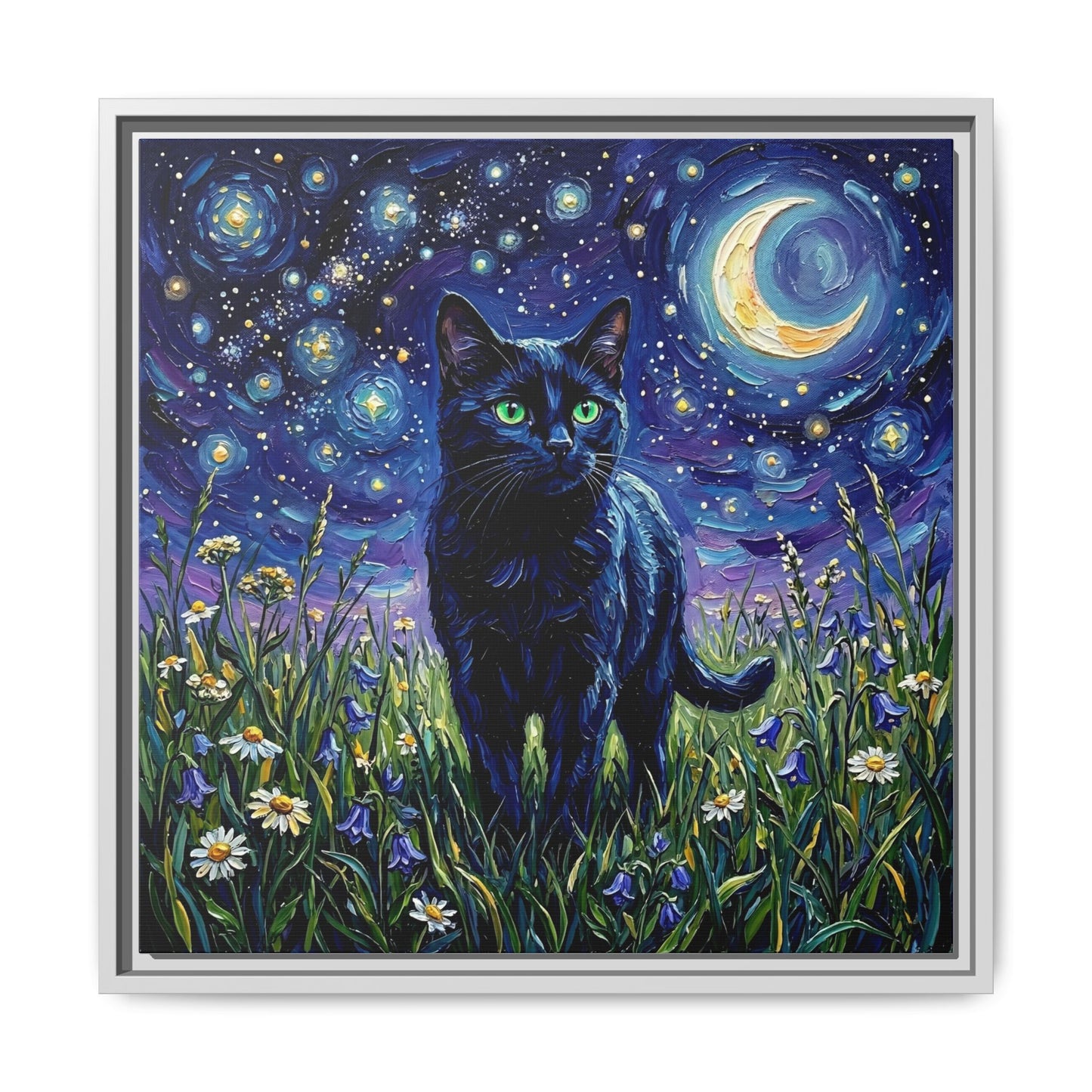 "Amongst The Flowers - Black Cat" Framed Canvas Wall Art