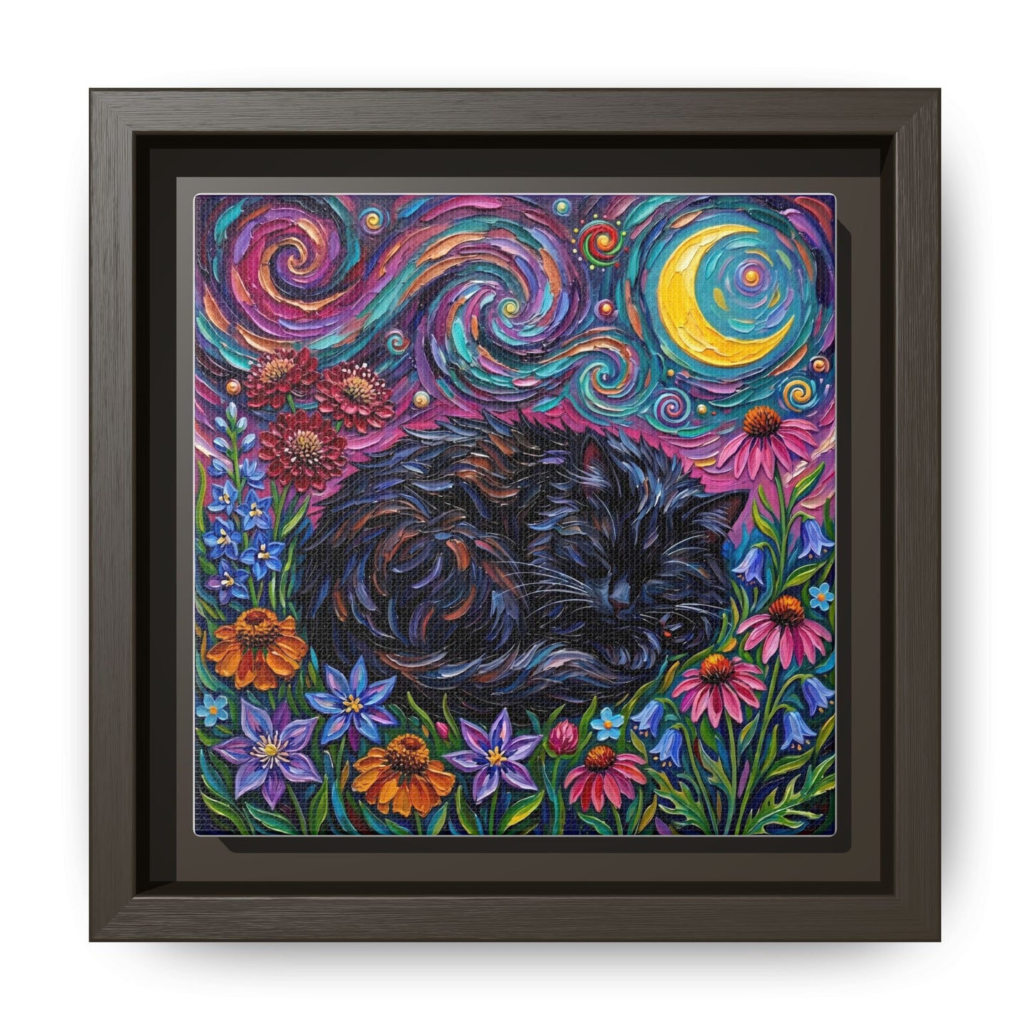 "Amongst The Flowers - Black Cat" Framed Canvas Wall Art