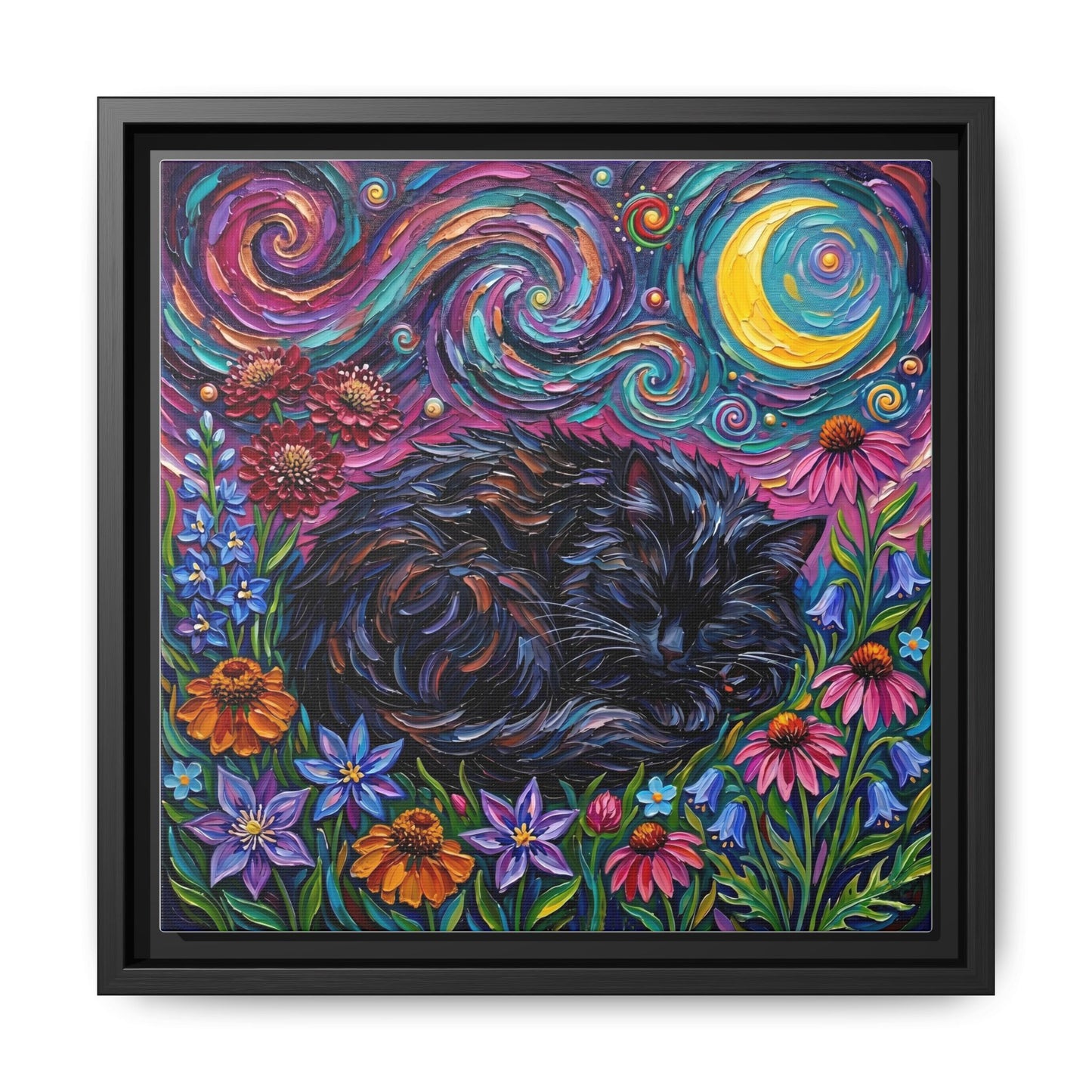 "Amongst The Flowers - Black Cat" Framed Canvas Wall Art