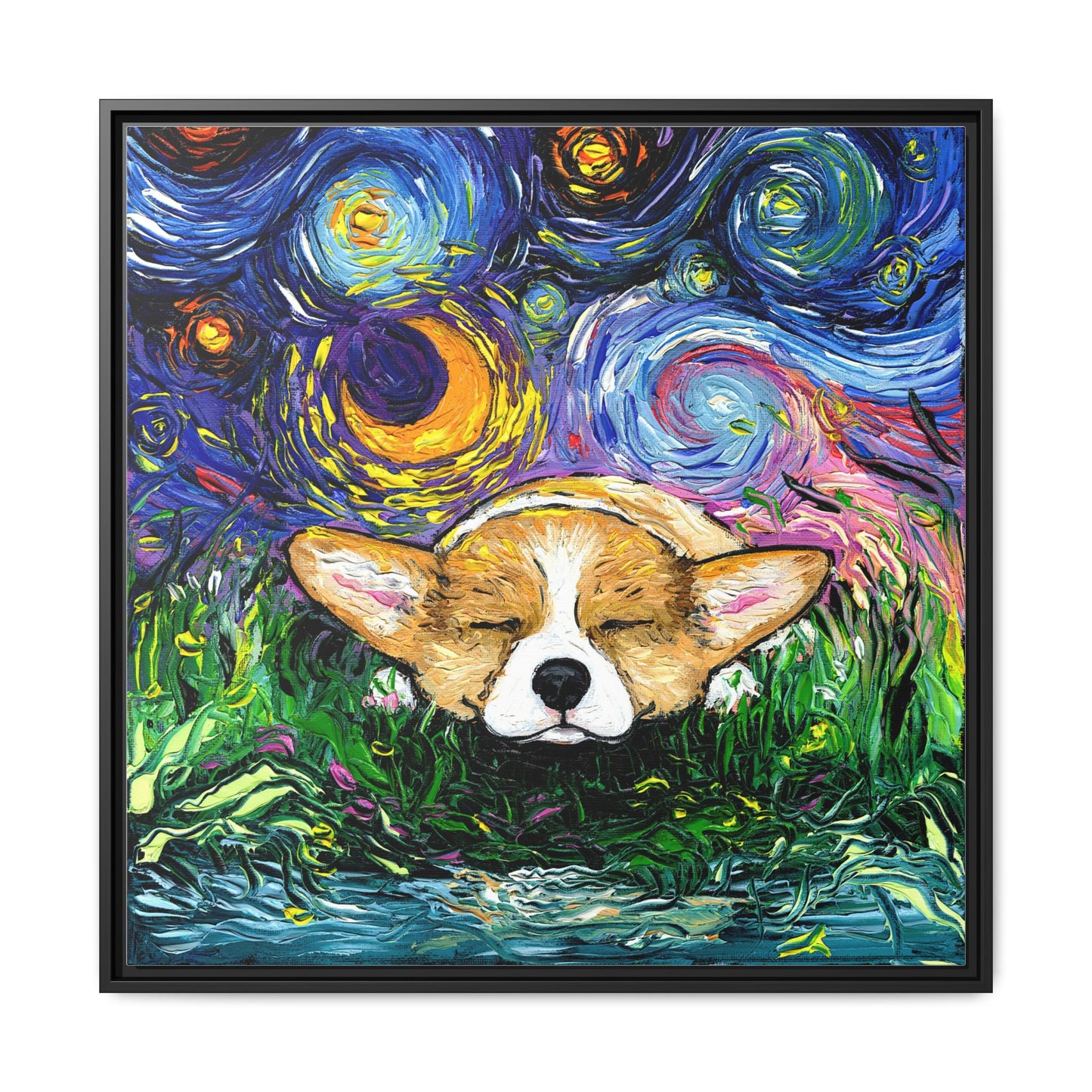 "Sleepy Corgi Night" Framed Canvas Wall Art