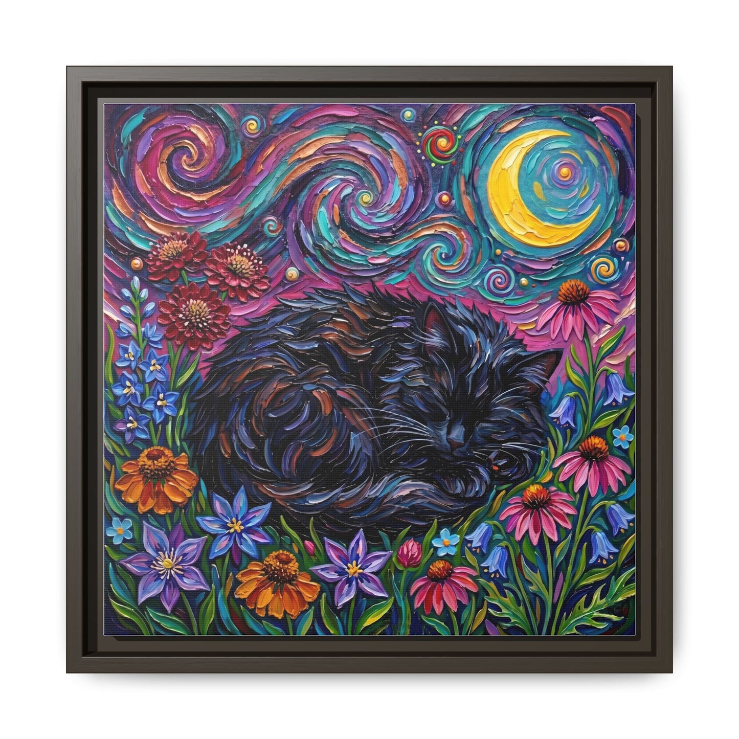 "Amongst The Flowers - Black Cat" Framed Canvas Wall Art