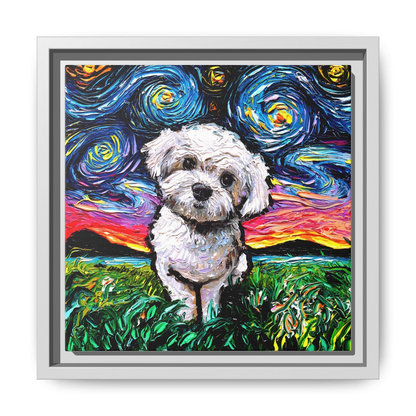 "Maltipoo Night" Framed Canvas Wall Art