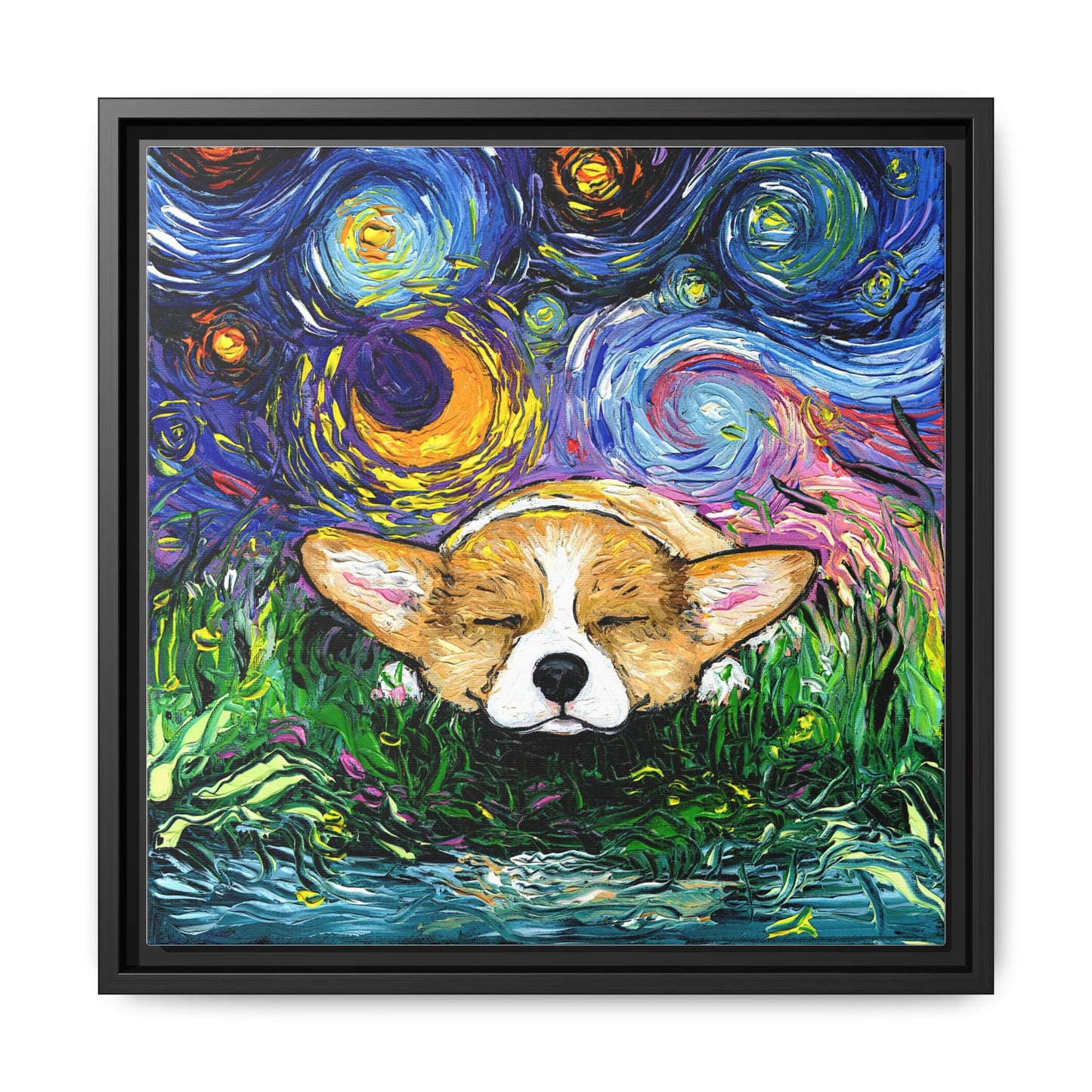 "Sleepy Corgi Night" Framed Canvas Wall Art