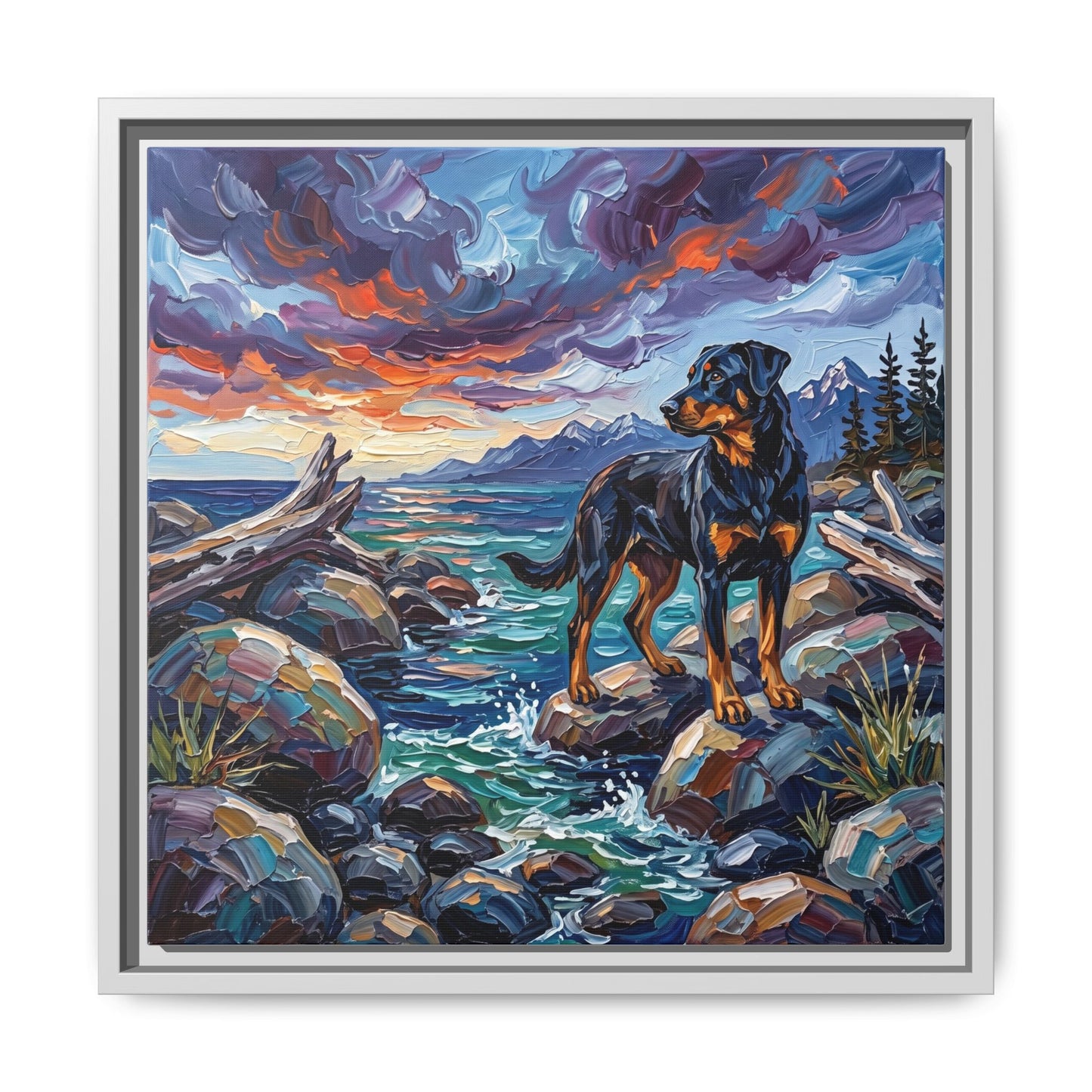"Beach Day - Beauceron" Framed Canvas Wall Art