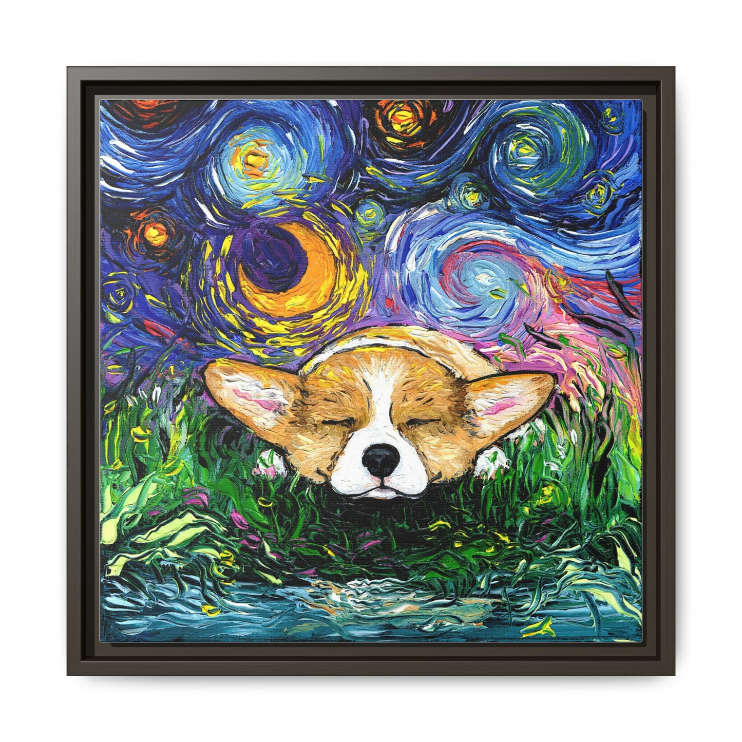 "Sleepy Corgi Night" Framed Canvas Wall Art