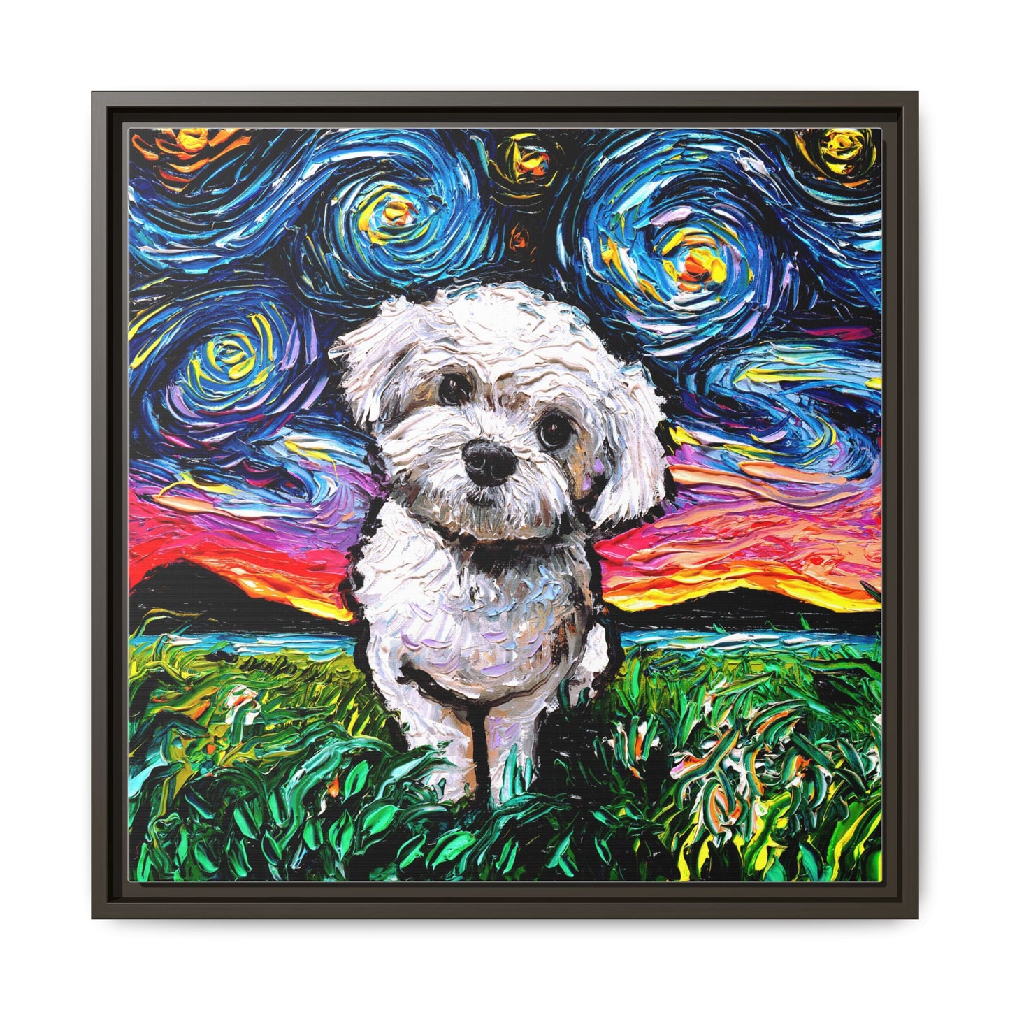"Maltipoo Night" Framed Canvas Wall Art
