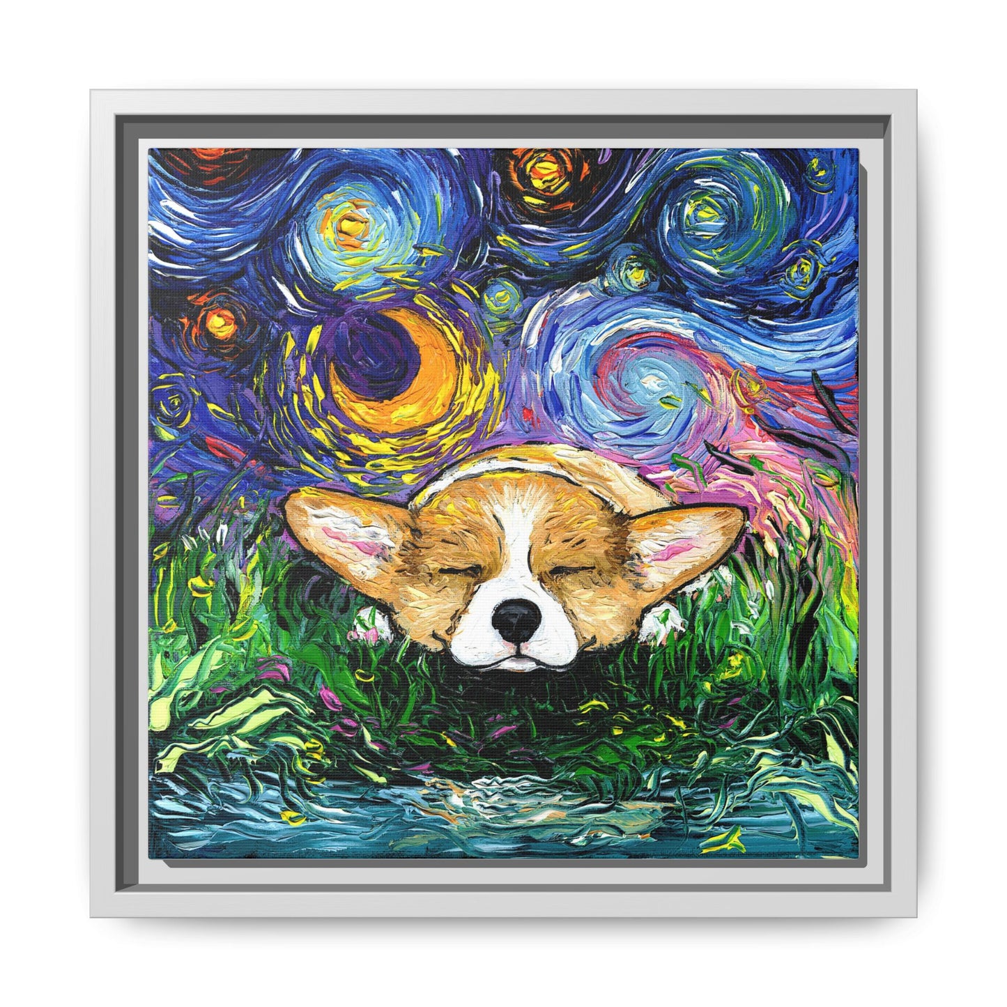 "Sleepy Corgi Night" Framed Canvas Wall Art