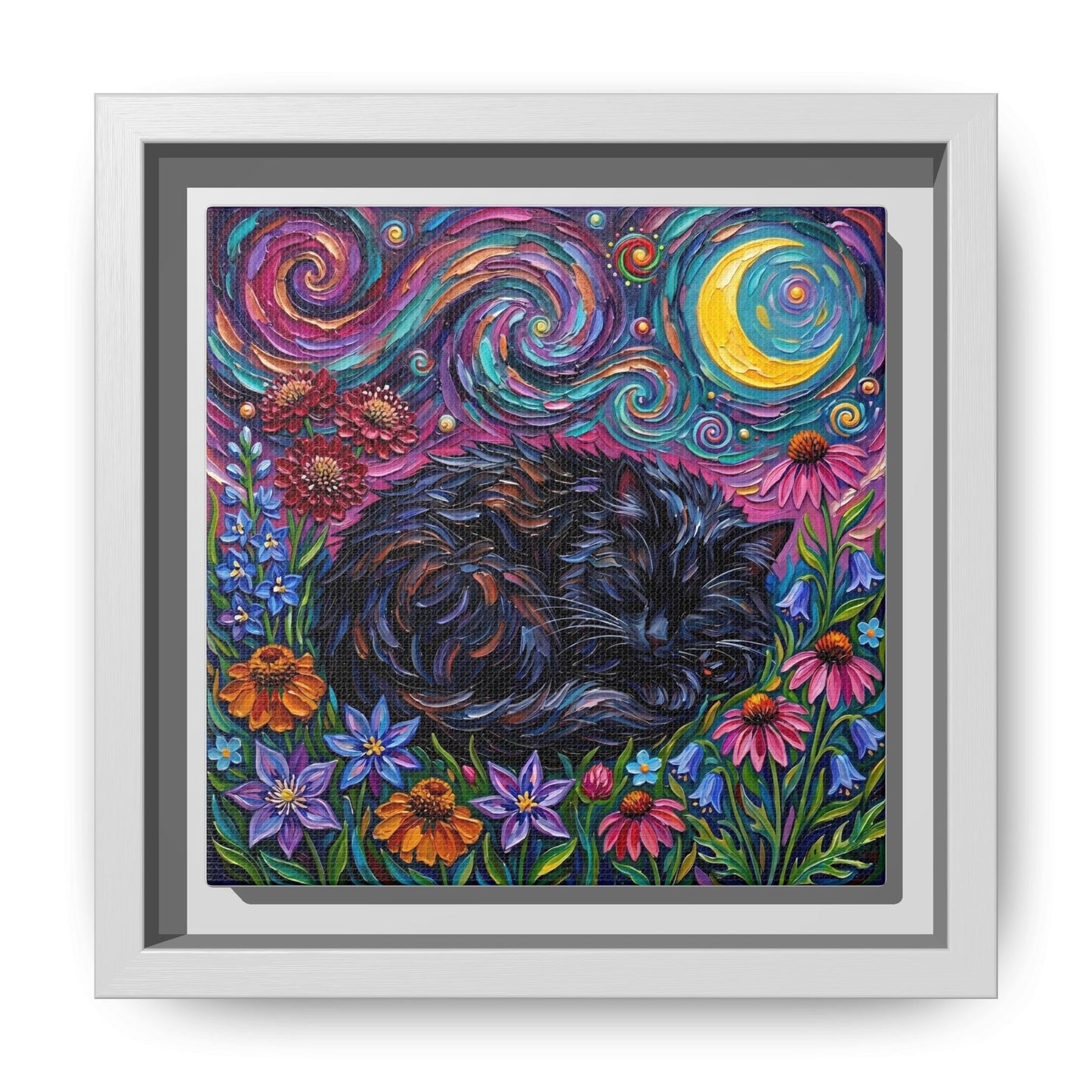 "Amongst The Flowers - Black Cat" Framed Canvas Wall Art