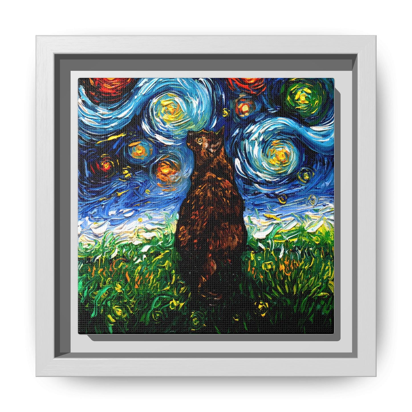 "Tortoiseshell Cat Night" Framed Canvas Wall Art