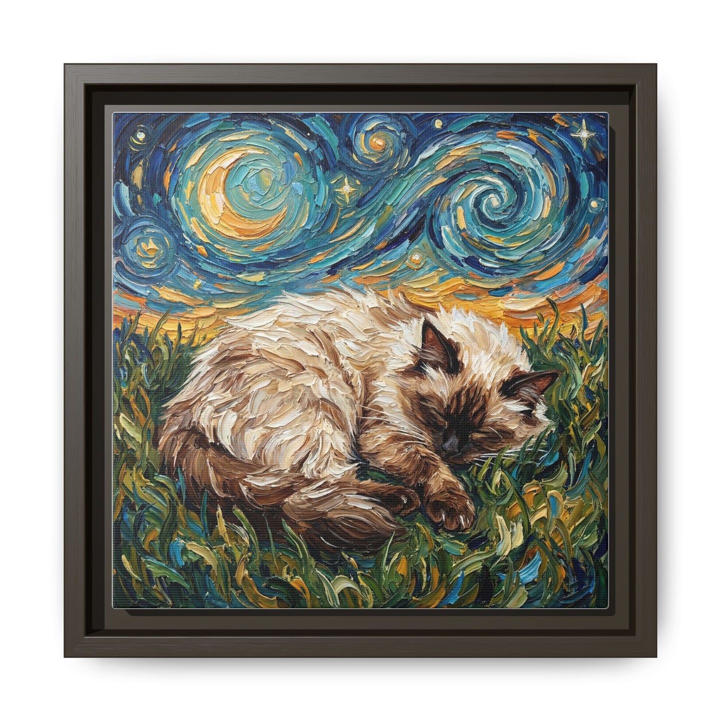 "Sleepy Himalayan Cat Night" Framed Canvas Wall Art