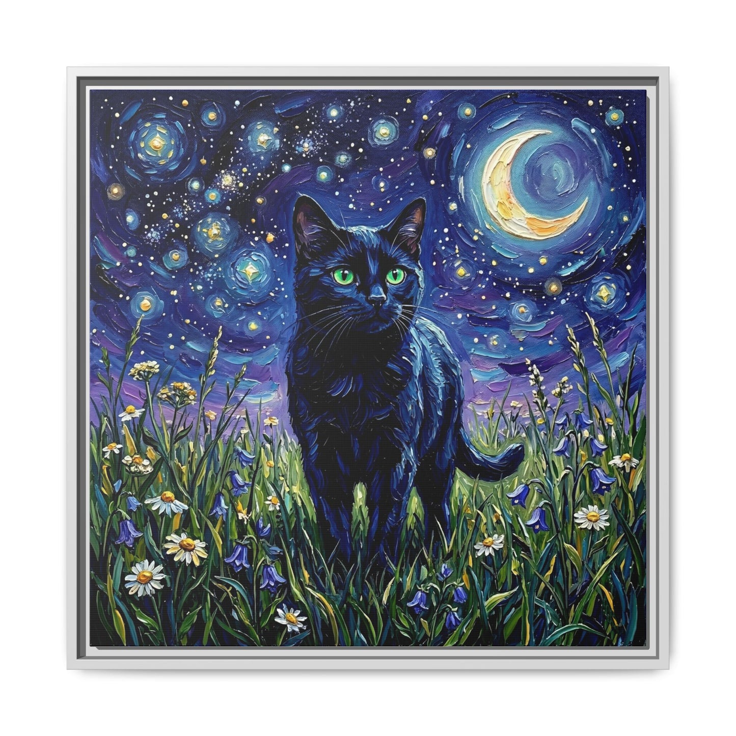 "Amongst The Flowers - Black Cat" Framed Canvas Wall Art