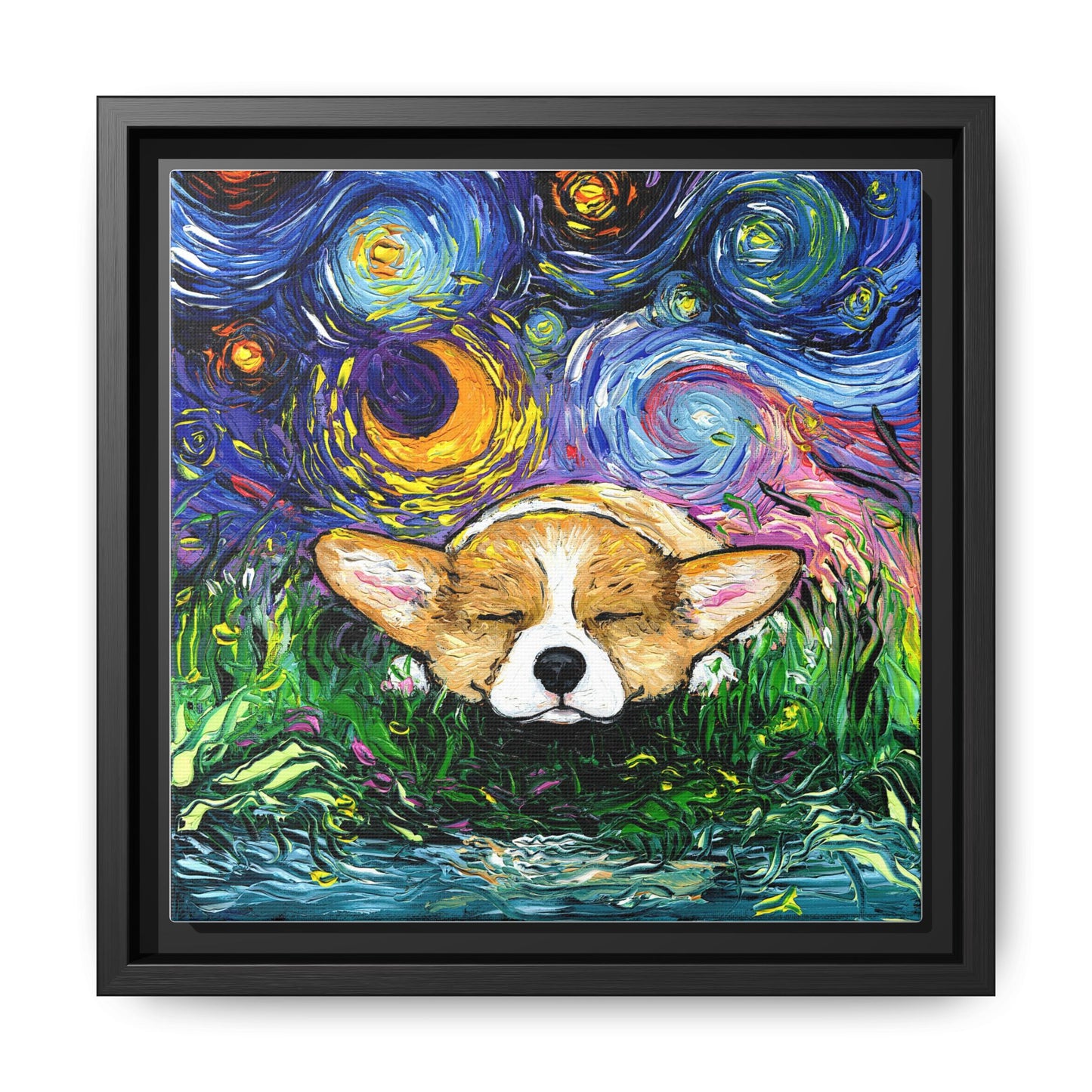 "Sleepy Corgi Night" Framed Canvas Wall Art