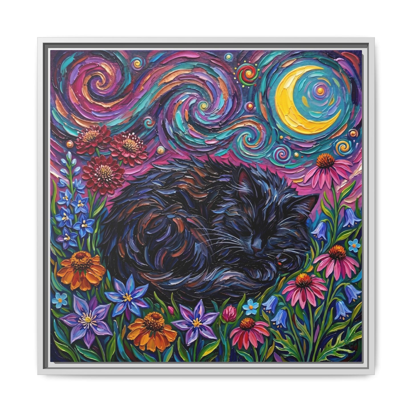 "Amongst The Flowers - Black Cat" Framed Canvas Wall Art