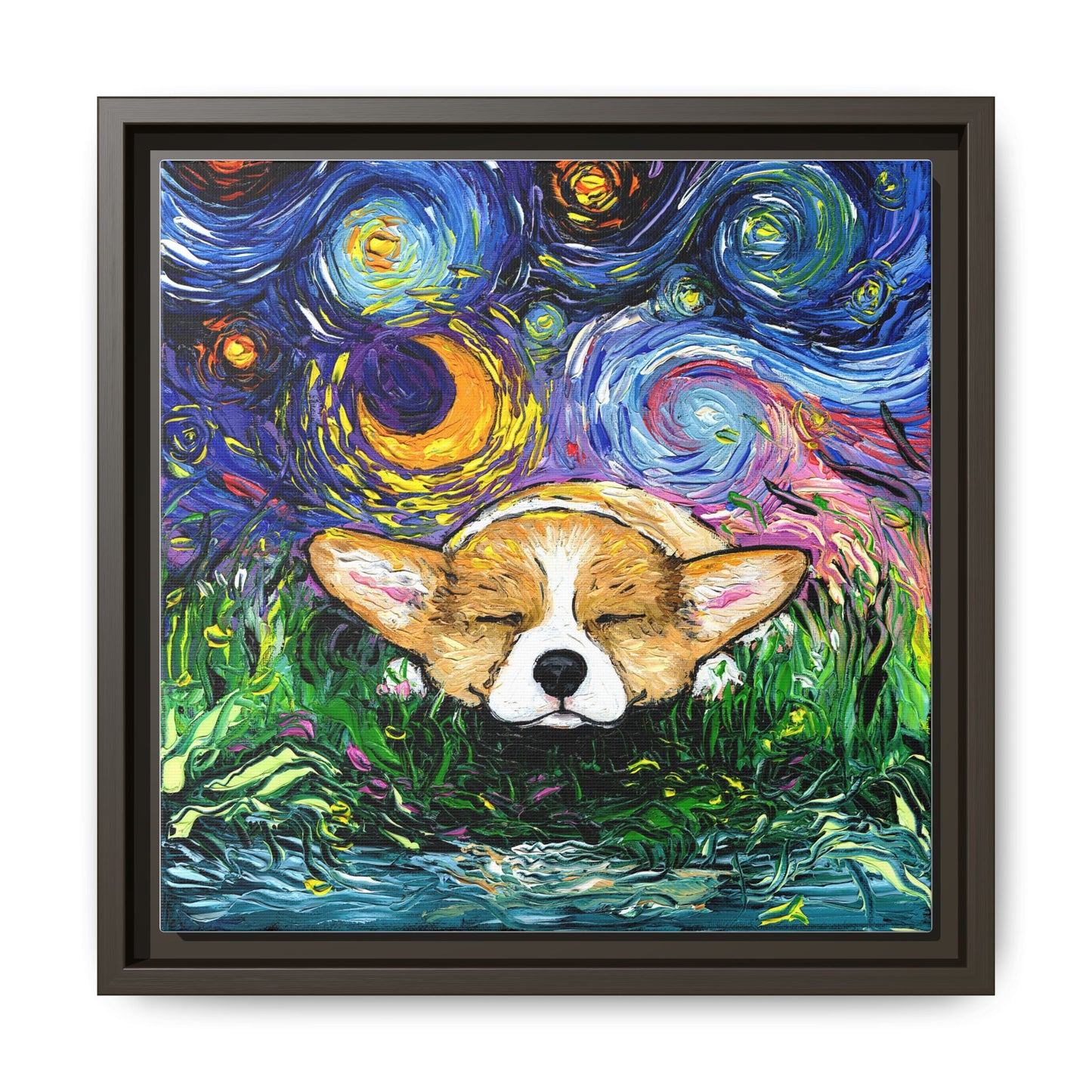 "Sleepy Corgi Night" Framed Canvas Wall Art