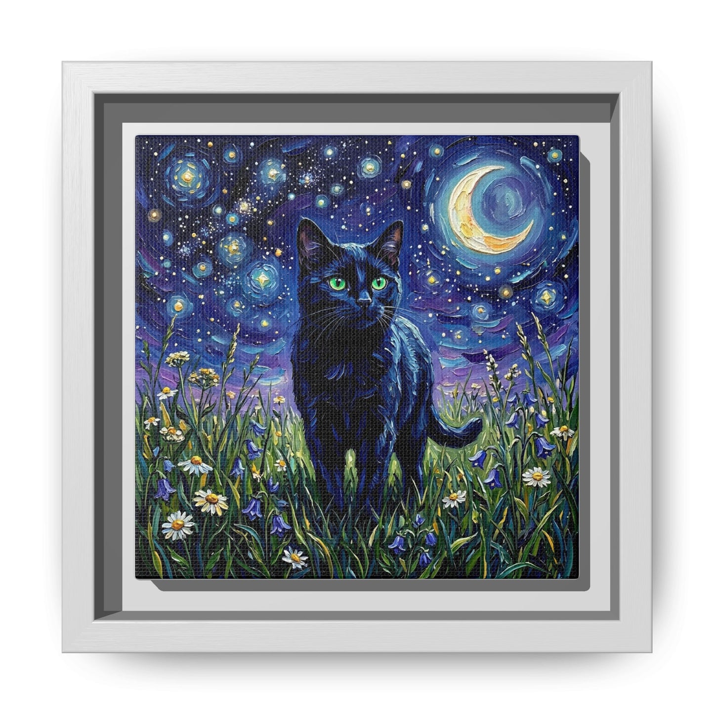"Amongst The Flowers - Black Cat" Framed Canvas Wall Art