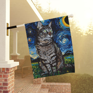 Starry Night Gray Tabby Cat Garden and House Flags