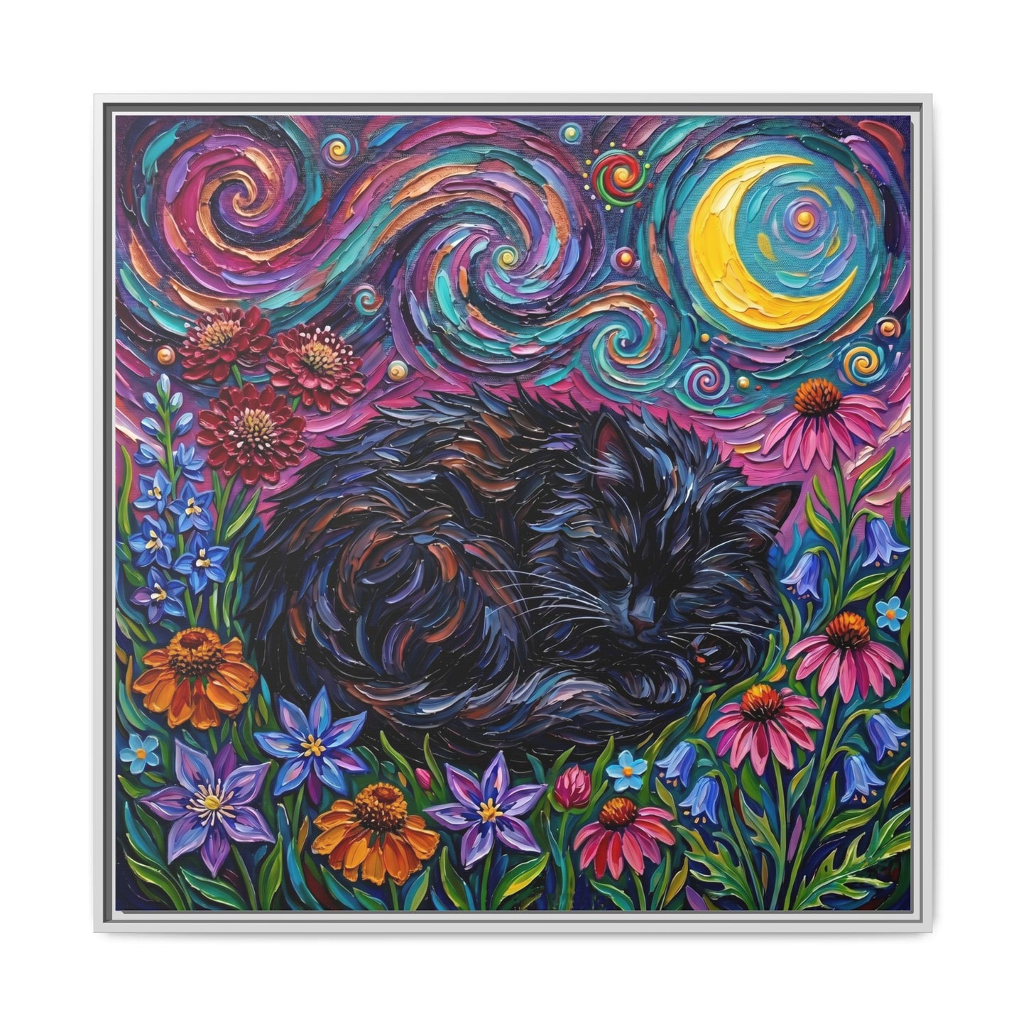 "Amongst The Flowers - Black Cat" Framed Canvas Wall Art