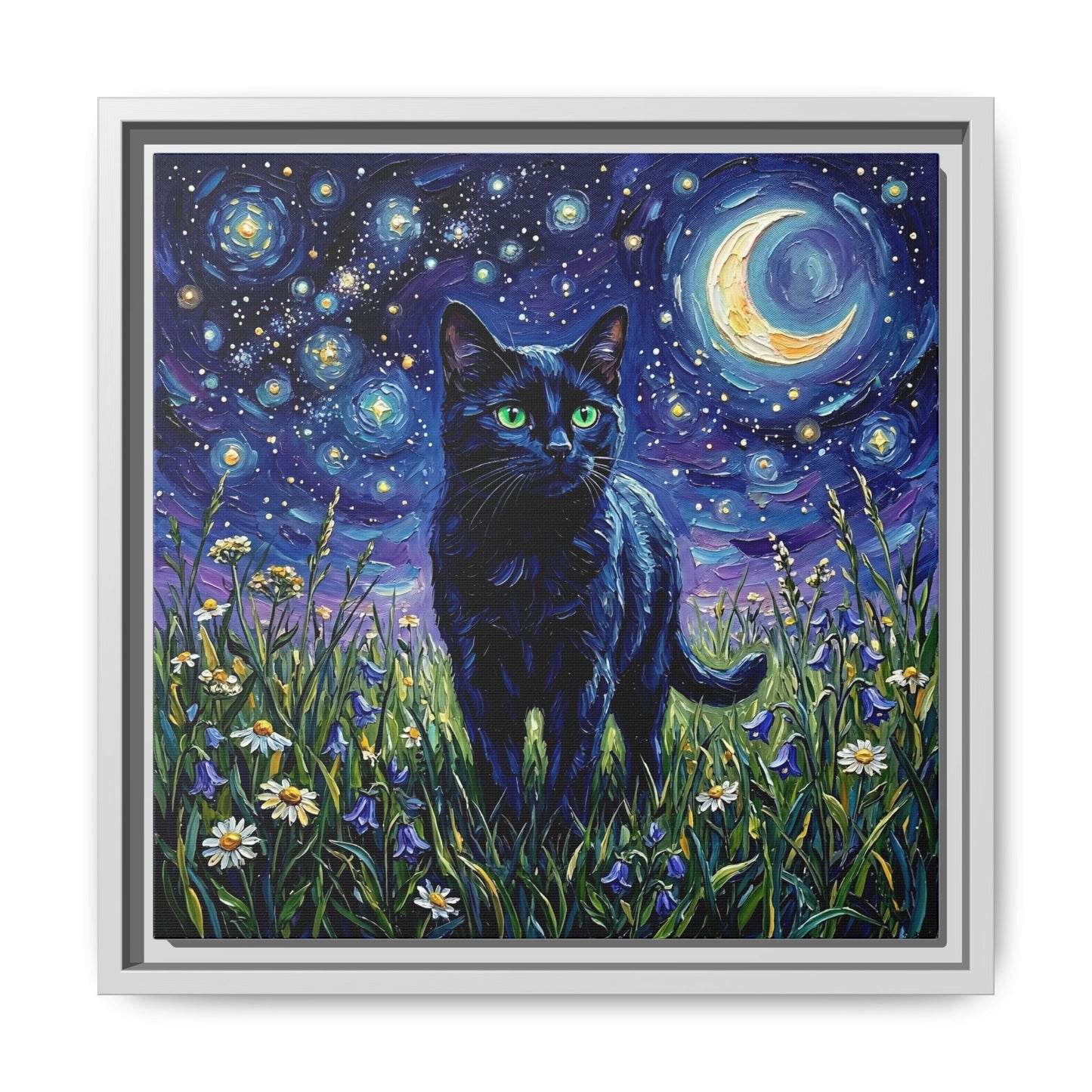 "Amongst The Flowers - Black Cat" Framed Canvas Wall Art