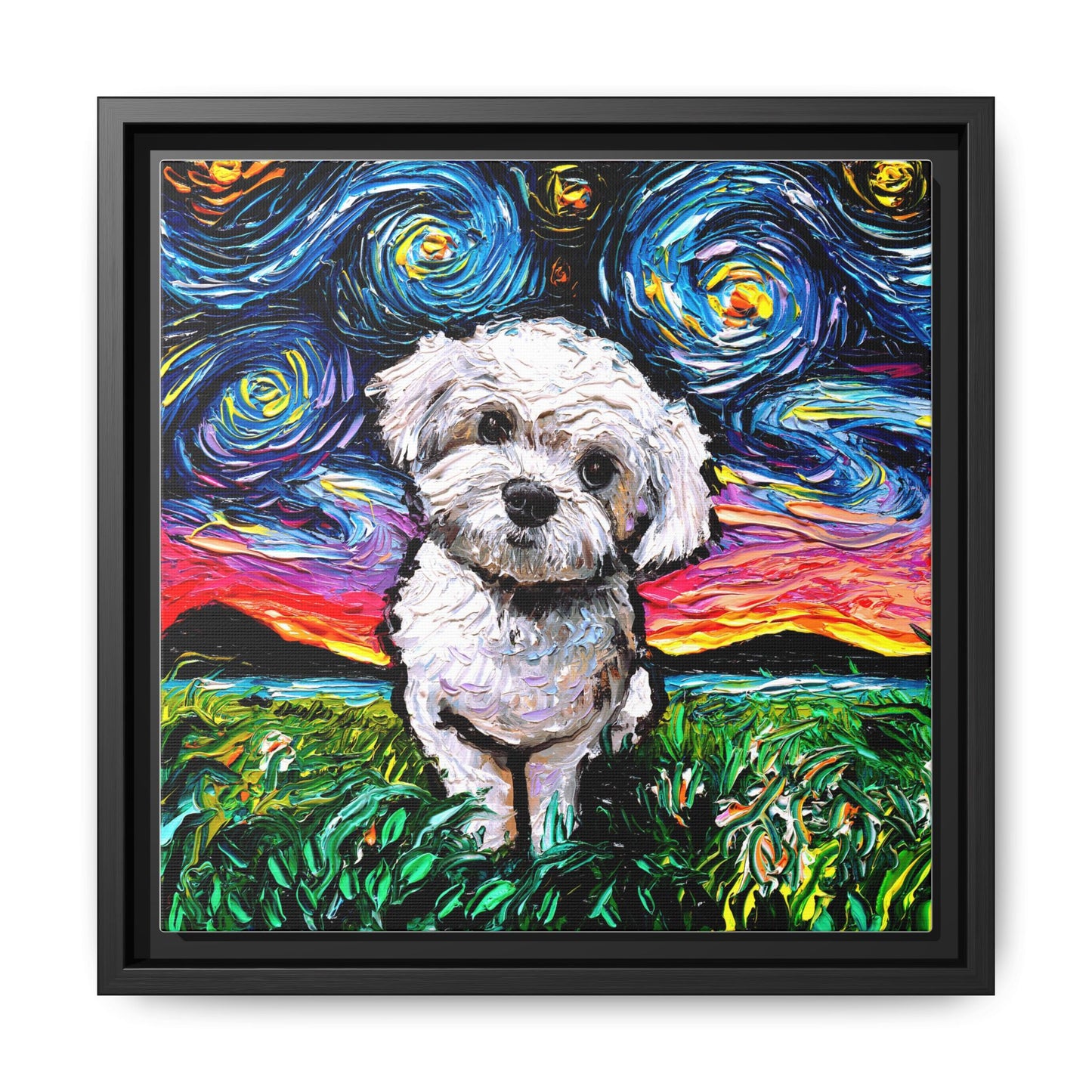 "Maltipoo Night" Framed Canvas Wall Art