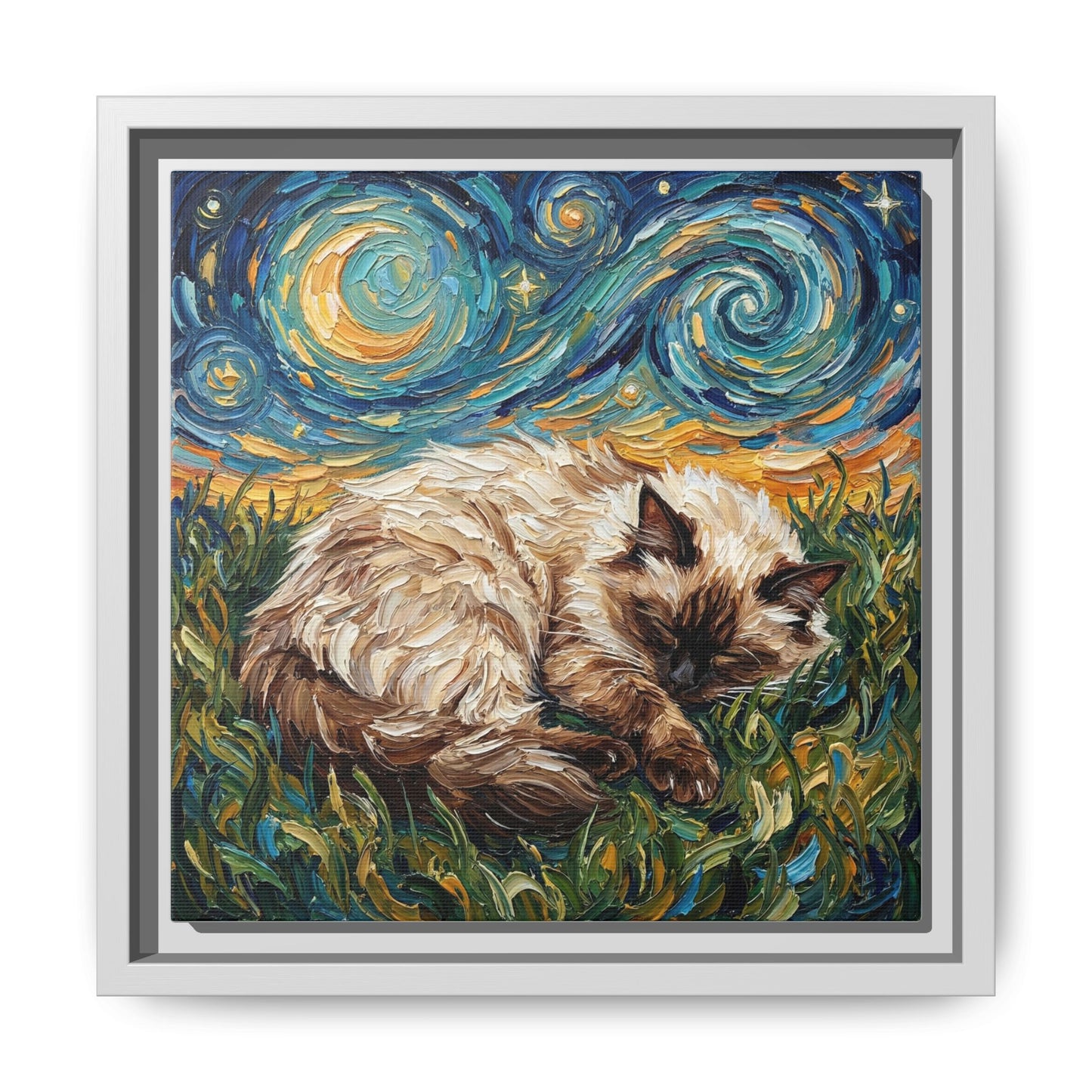 "Sleepy Himalayan Cat Night" Framed Canvas Wall Art