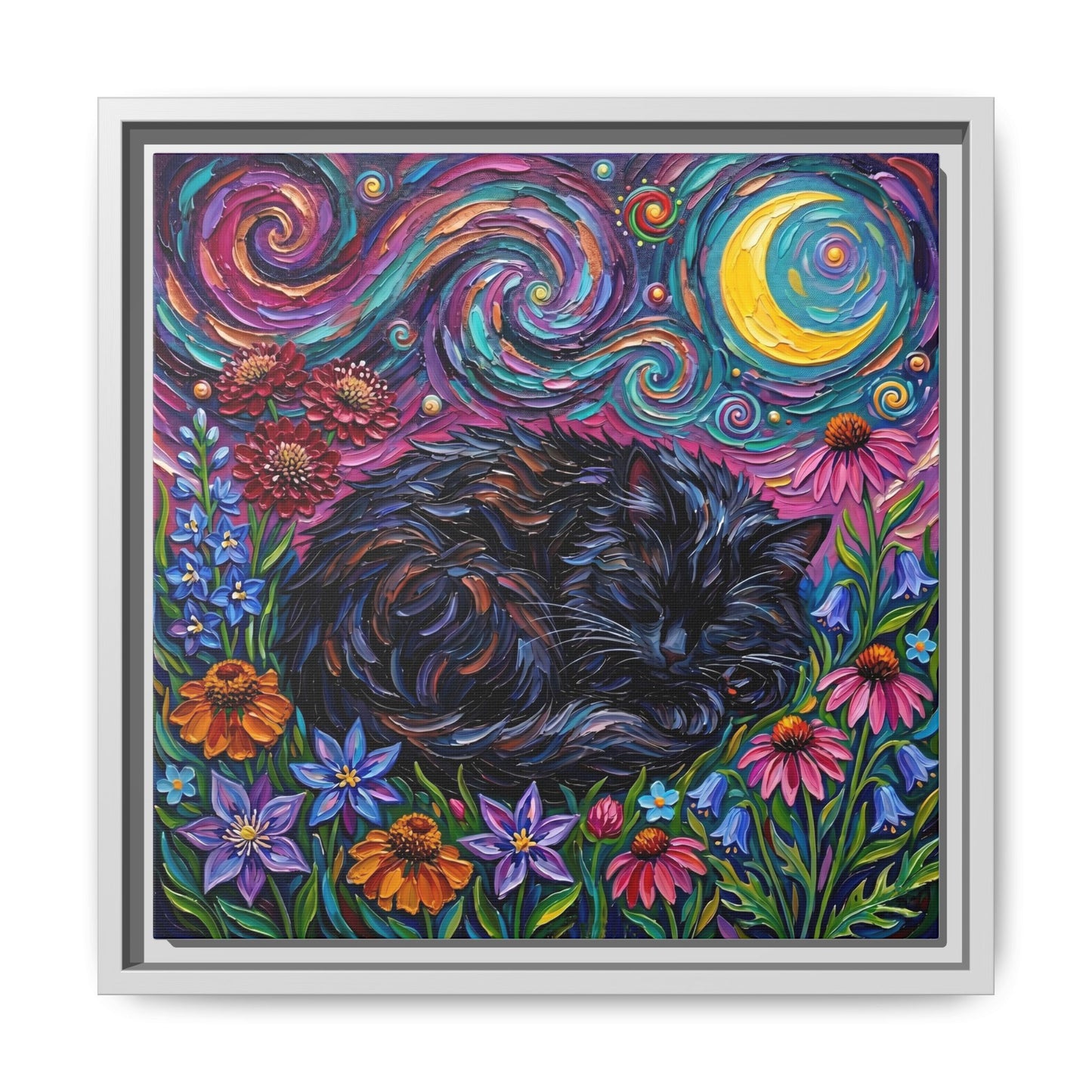 "Amongst The Flowers - Black Cat" Framed Canvas Wall Art