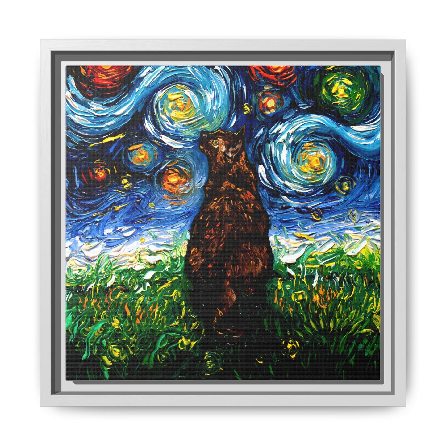 "Tortoiseshell Cat Night" Framed Canvas Wall Art